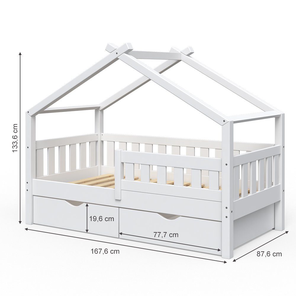 VitaliSpa® Hausbett Design, Weiß, 80x160 cm mit 2 Schubladen und Matratze (2-tlg)