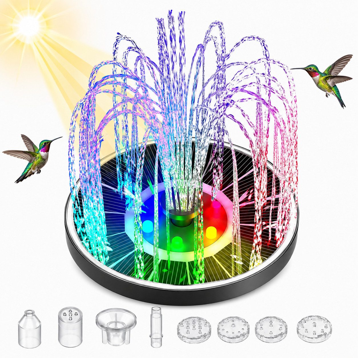 MOPUEA Gartenbrunnen Solar Springbrunnen 3,5W Mit LED Licht Für Vogeltränke Und Garten, (1 tlg), Schwimmender Solar Springbrunnen Mit 8 Düsen Für Vogeltränke, Garten