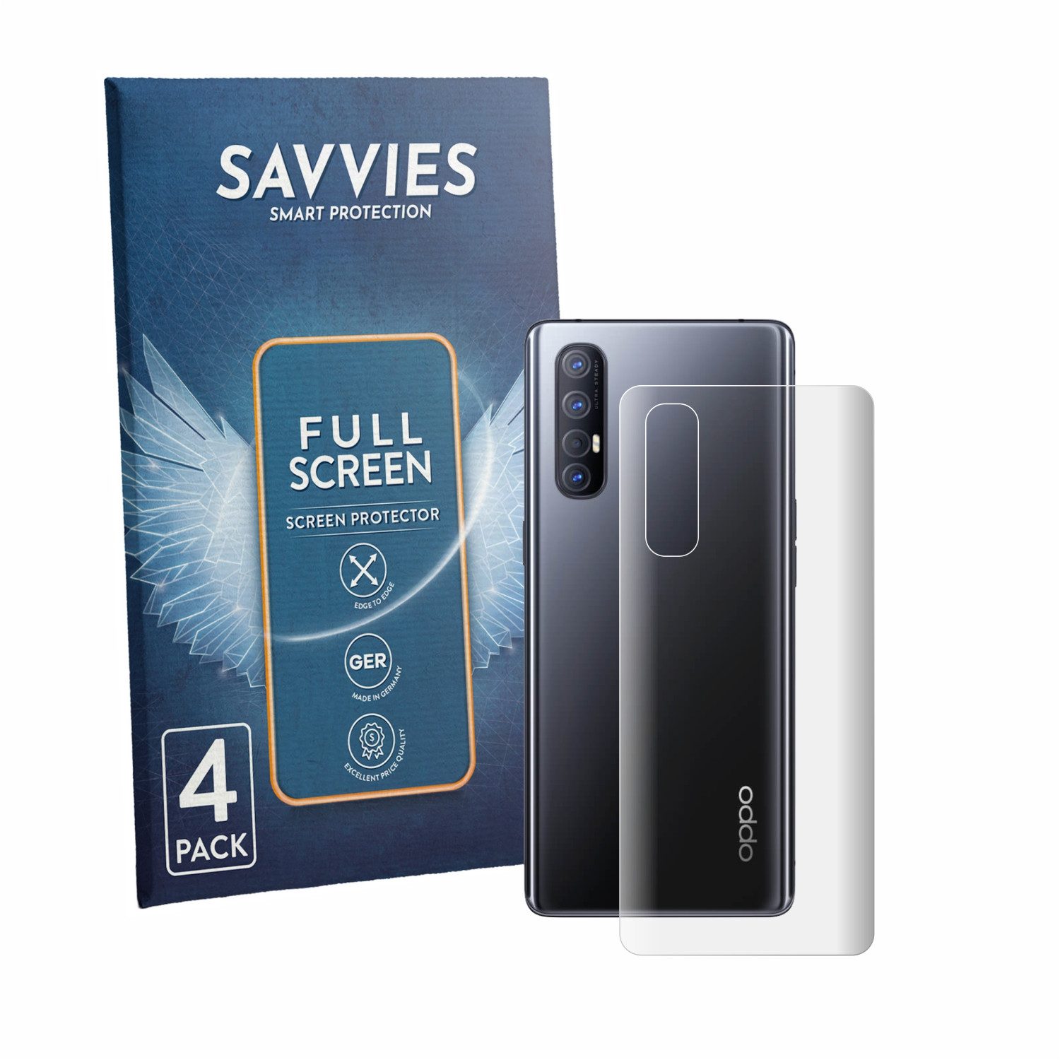 Savvies Displayschutzfolie Fullscreen Schutzfolie für Oppo Find X2 Neo (Rückseite), 4 Stück, Displayschutz Folie Fullcover Klar Transparent