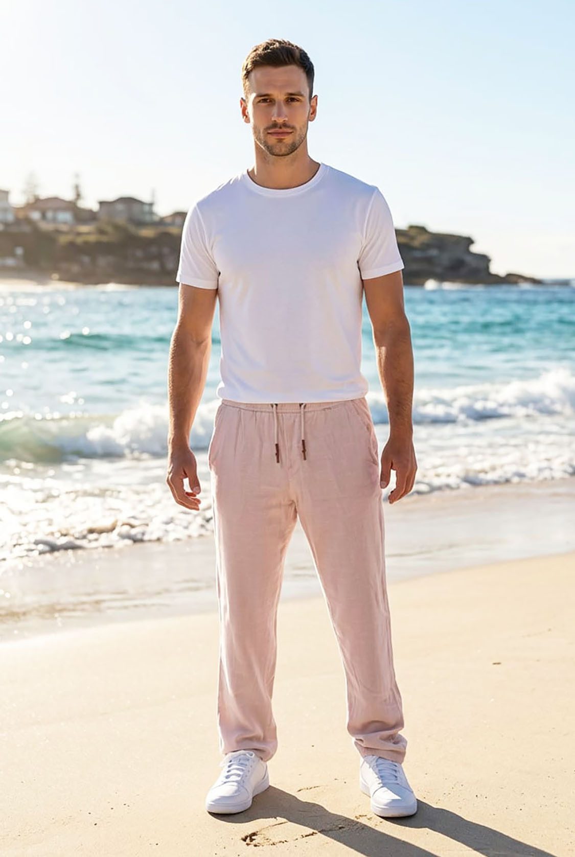 Reslad Leinenhose Reslad Herren Baumwollhose Leinenhose Optik Strandhose RS-3003 (1-tlg., Freizeithose) leichte Freizeithose im Leinen-Look mit Kordelzug