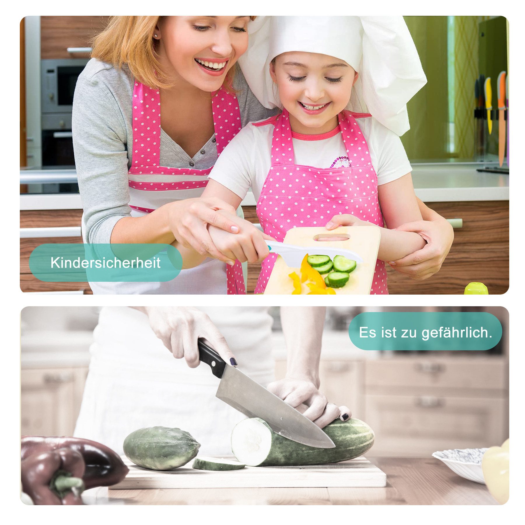 CALIYO Kinderkochmesser 8 teiliges Kinder Küchenmesser-Set für echtes Kochen, mit Sicheres Küchenmesser, Holzmesser, Schneidebrett etc – Bild 4 von 5