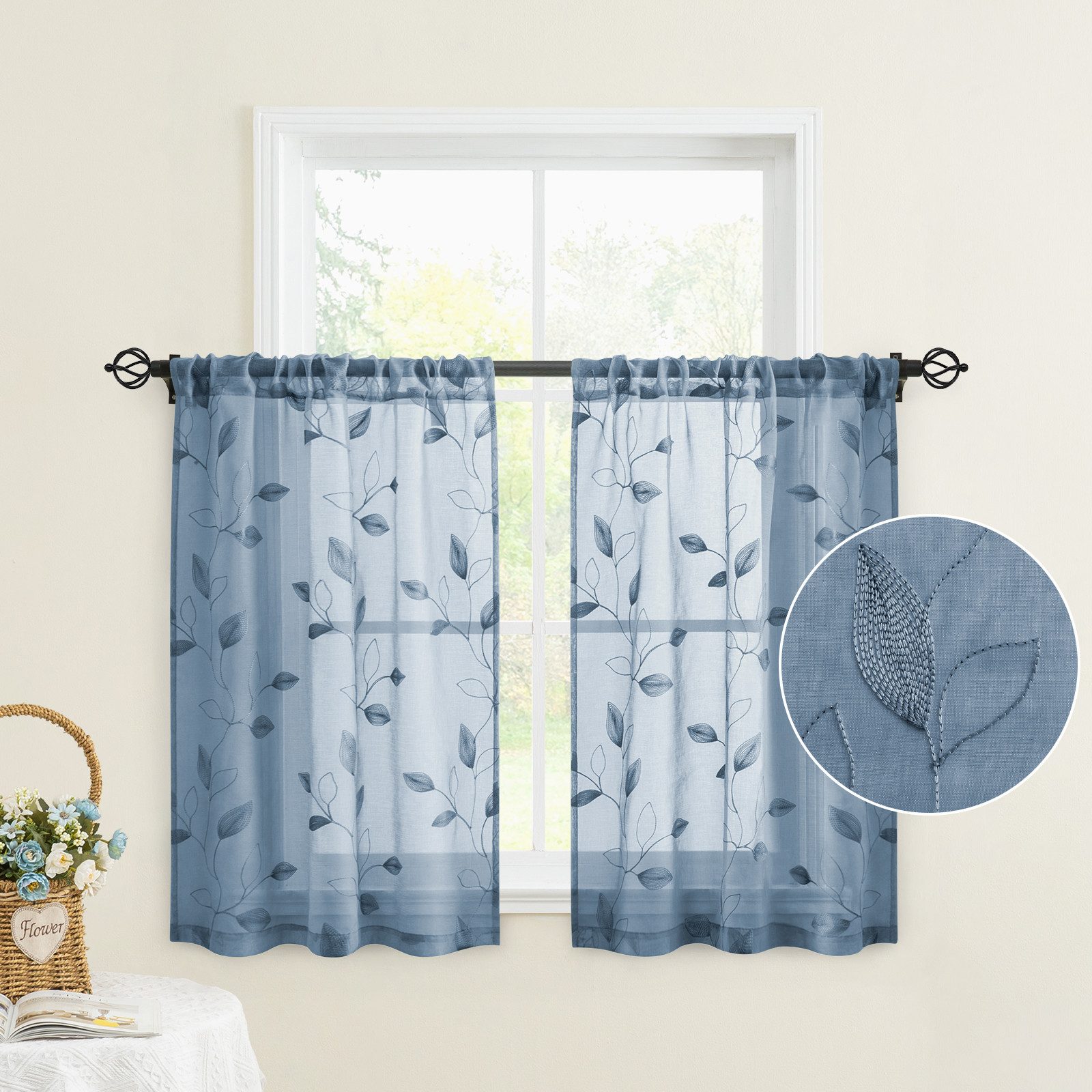 BYSURE Gardine Voile Scheibengardinen modern Wohnzimmer Bistrogardine für Küche, Bad (2 St), Stangendurchzug, transparent, Küchenvorhänge, besticktes Blattmuster, Vorhänge für kleine Fenster