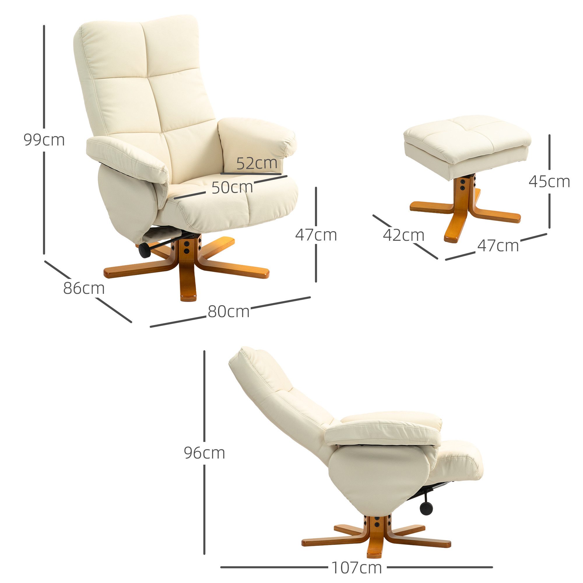 HOMCOM Relaxsessel mit Hocker und Stauraum, mit Liegefunktion (Fernsehsessel, 2-St., 360° drehbarer Sessel), Kunstleder Holzgestell Cremeweiß 80 x 86 x 99cm