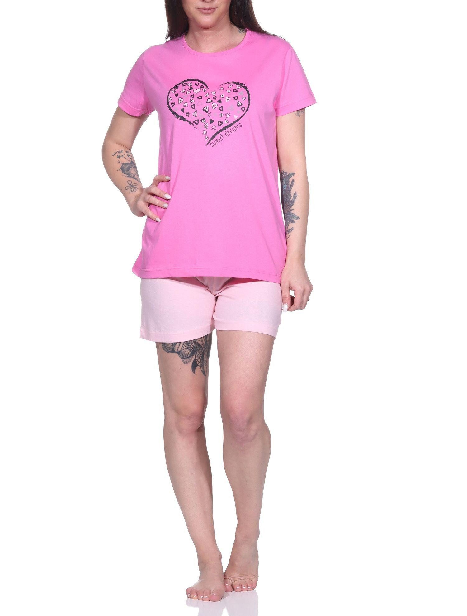 Normann Pyjama Bezaubernder Damen Pyjama Shorty mit romantischem Herzchen-Muster