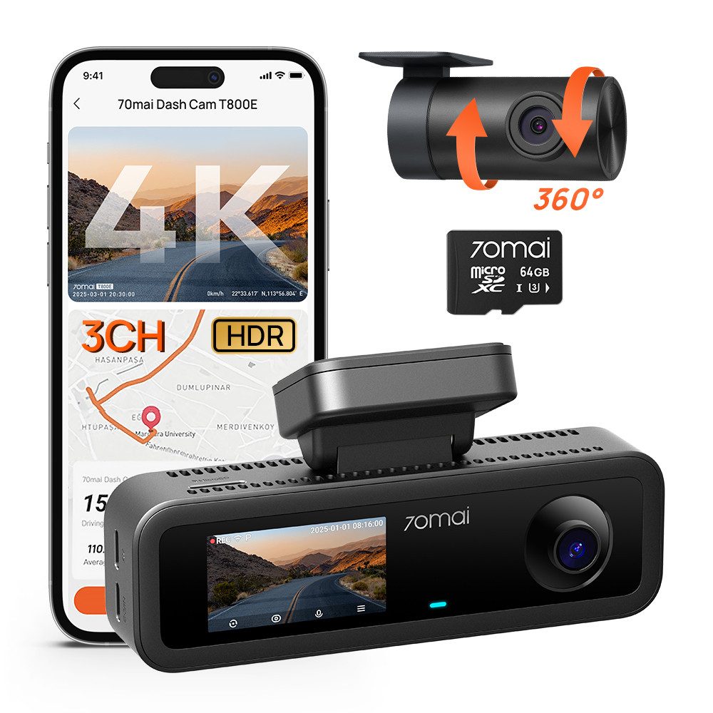70mai T800E Dashcam Auto (64G), 4K Front + 1080P Rear + 1080P Innen Dashcam (4K Ultra HD, 1.9" Bildschirm, G-Sensor, Loop-Aufnahme, Superkondensator, GPS)