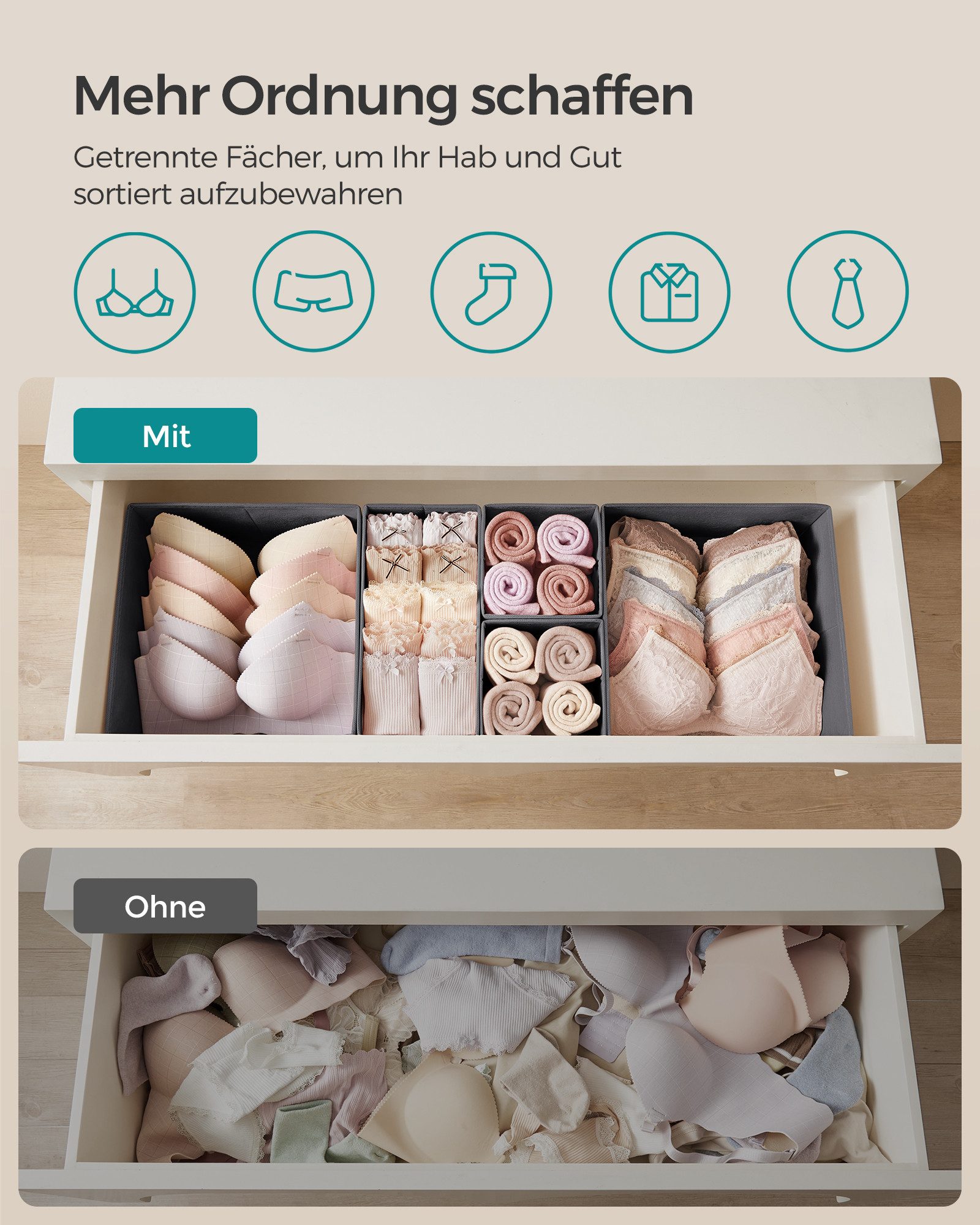 SONGMICS Aufbewahrungsbox aus Stoff, faltbare Box, für Socken, Unterwäsche, Schubladen-Organizer 12er Set, Krawatten und Schals – Bild 4 von 5