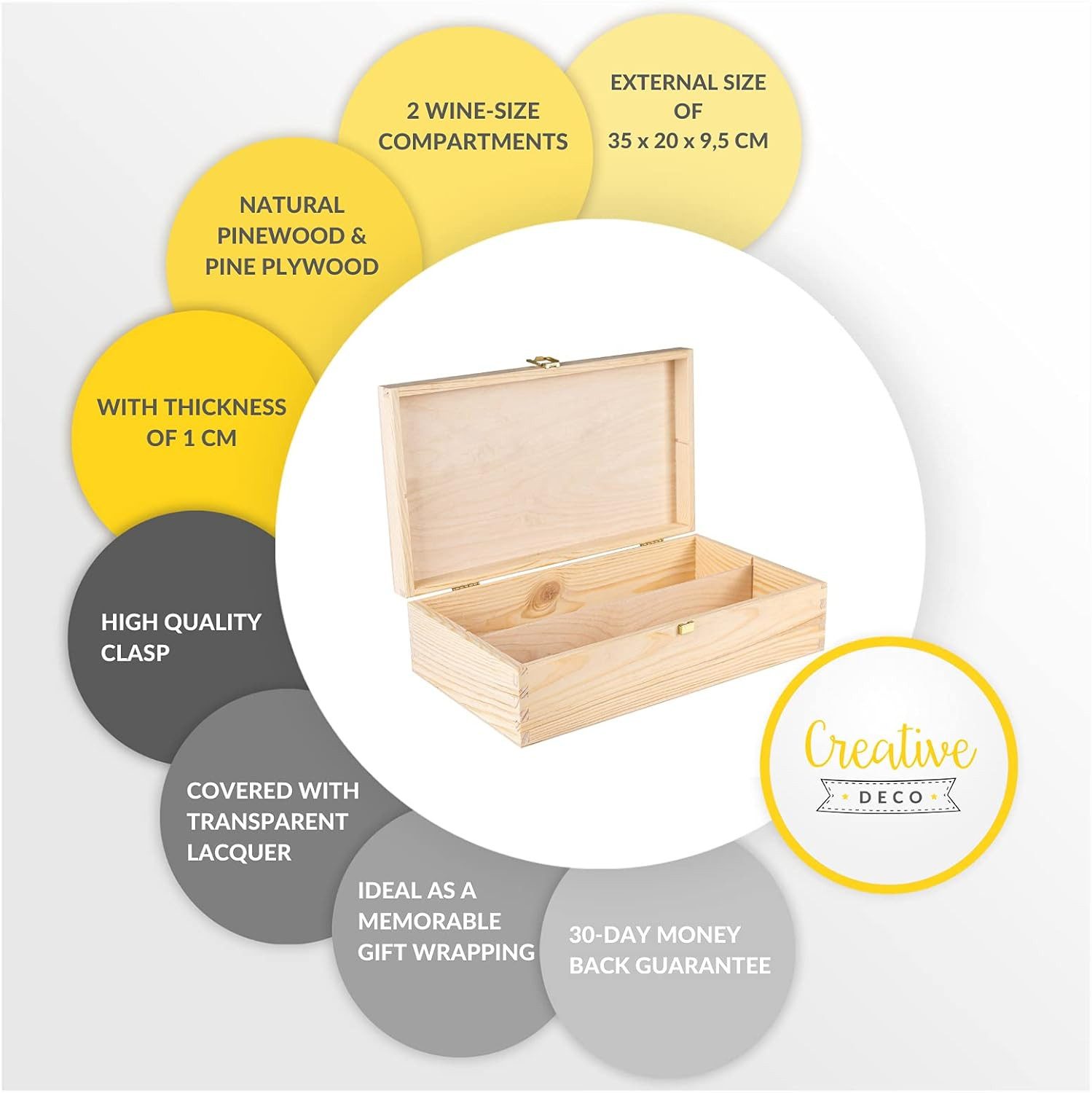 Creative Deco Weinkiste Holzkiste Weinbox für 2 Flaschen mit Deckel und Verschluss, Hochwertiger Verschluss