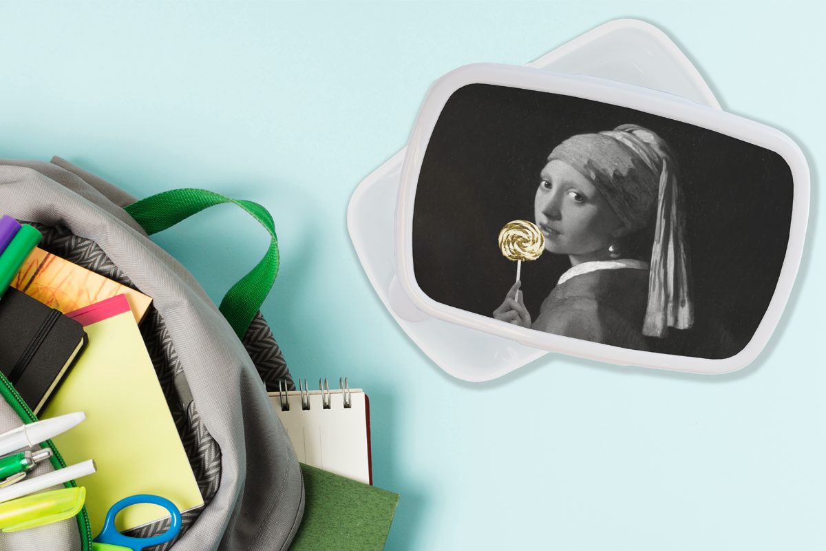 MuchoWow Lunchbox Mädchen mit Perlenohrring Erwachsene, Vermeer Kunststoff, - (2-tlg), Brotbox Mädchen Brotdose, und und - weiß, und Schwarz Jungs Johannes für für Kinder