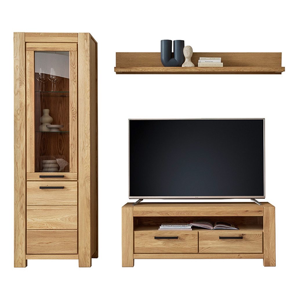 Lomadox Wohnwand SELISTE-06, (3-St., Wandboard Lowboard Vitrine), Eiche teilmassiv geölt, Echtholz/Massivholz
