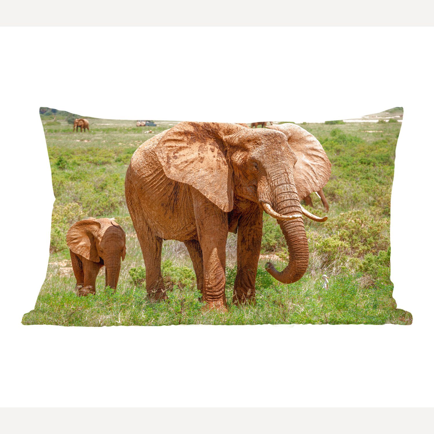MuchoWow Dekokissen Elefantenbaby mit seiner Mutter im Gras, Wohzimmer Dekoration, Zierkissen, Dekokissen mit Füllung, Schlafzimmer