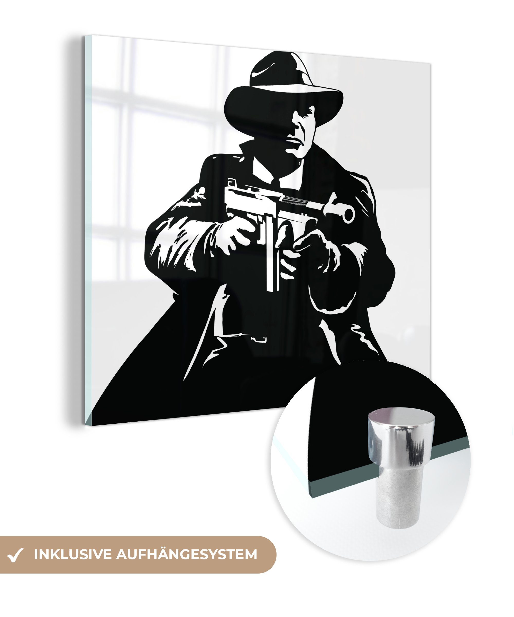 eines Glas Acrylglasbild Glasbilder Hand Wandbild auf Illustration Bilder - Mafia-Mitglieds in, Foto mit Pistole MuchoWow einer St), - in der Wanddekoration Glas - auf (1