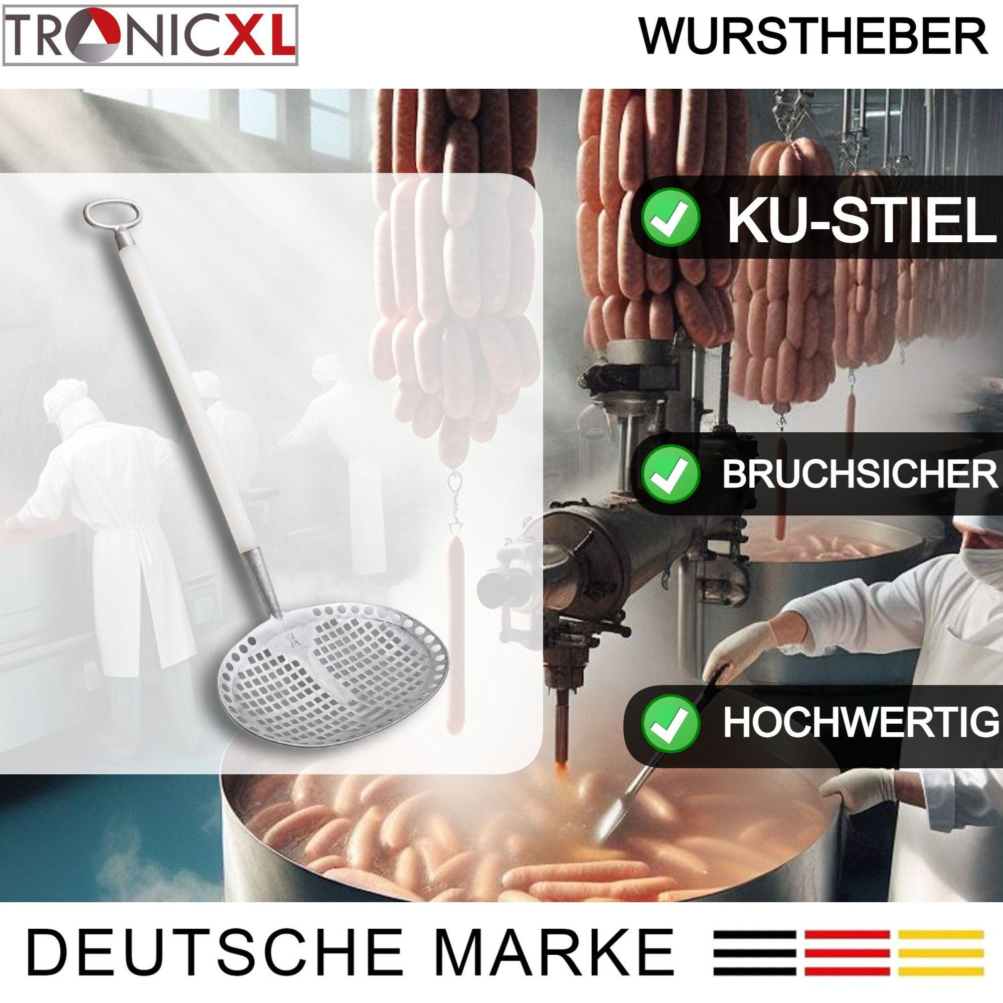 TronicXL Schöpflöffel Wurstheber 37x27cm Alu KU Griff Kesselheber Wurst Heber Presssackheber, Metzgerei Metzger Fleischerei Zubehör Wurst kochen