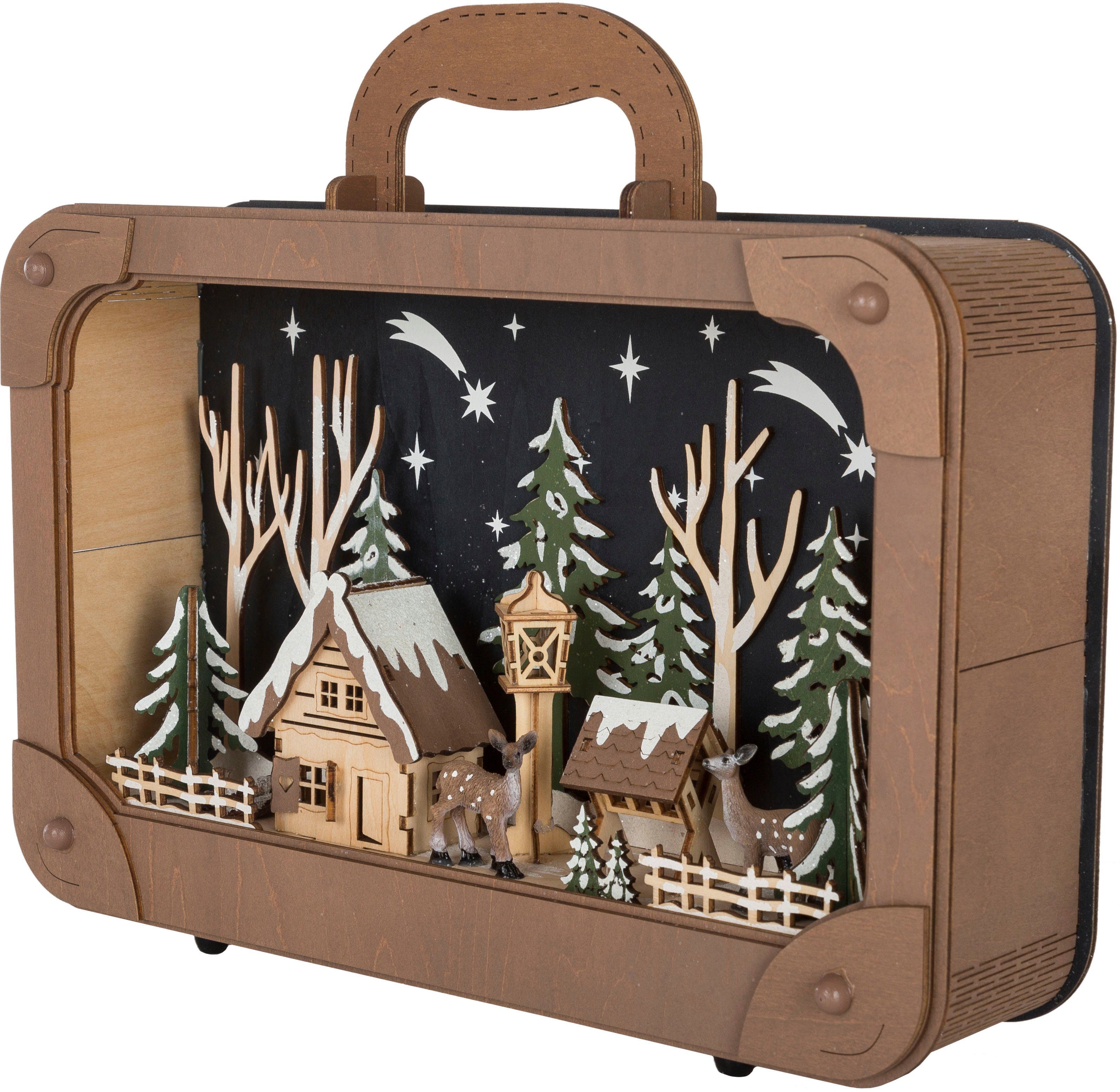 Myflair Möbel & Accessoires Dekoobjekt Koffer mit LED-Dekoration, Weihnachtsdeko aus Holz (1 St), Dekolicht mit Weihnachtsdorf in verschneiter Landschaft