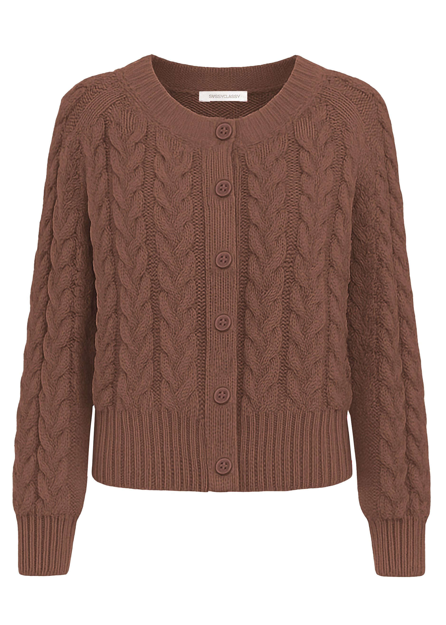 SASSYCLASSY Cardigan Zopfstrick Cardigan mit Rundhalsausschnitt Damen Gemüt günstig online kaufen