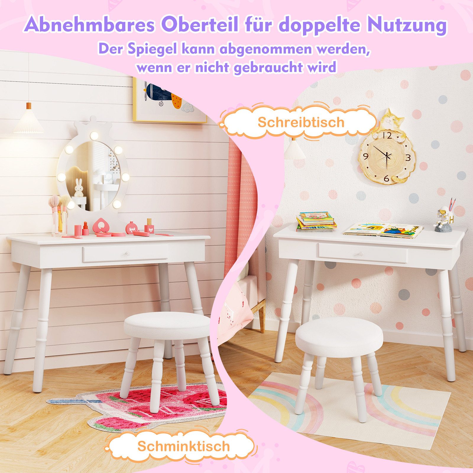 COSTWAY Schminktisch Kinderschminktisch mit Hocker, mit LED Beleuchtung