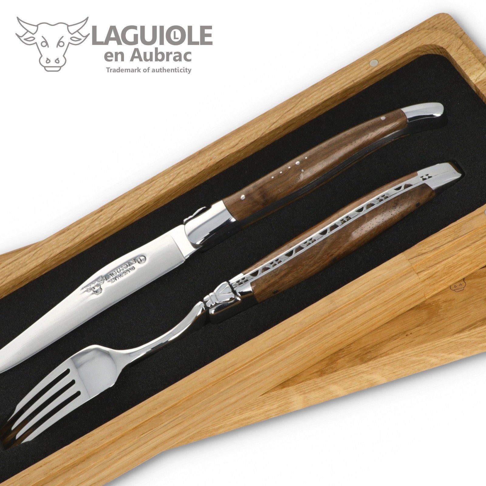 Laguiole en Aubrac Steakbesteck 1CF99NOIH BRI, 1 Messer / 1 Gabel - Griff Nussbaum - Backen glänzend - Stahl glänzend
