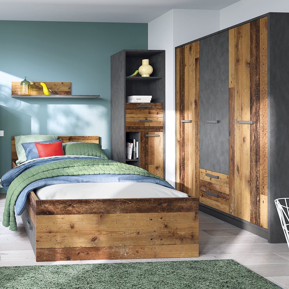Lomadox Jugendzimmer-Set Kleiderschrank, mit mit Bett (Sparset, und grau Holz 4-tlg), in NELSON-129, 120x200