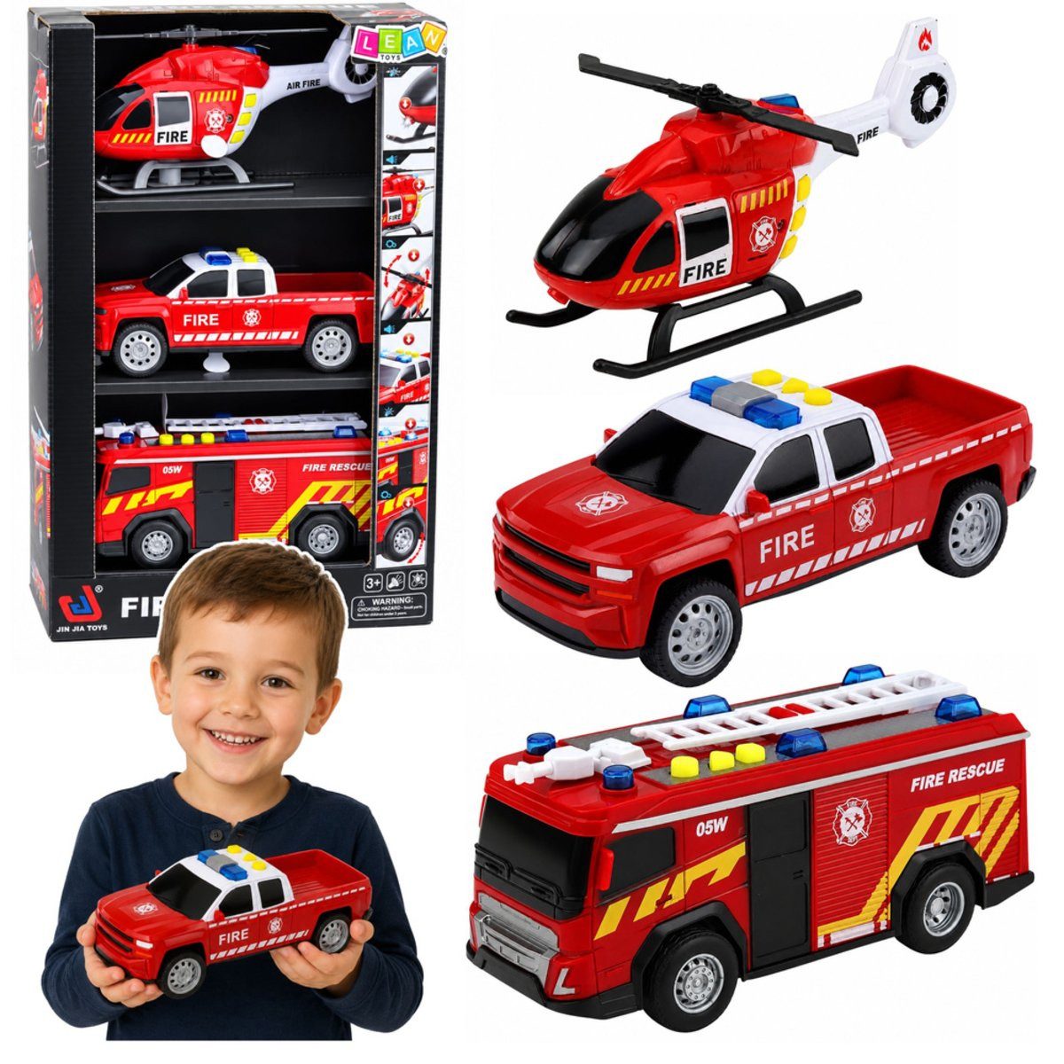Wisam Spielzeug-Feuerwehr Feuerwehrfahrzeug-Set: Hubschrauber, Auto, Lichter, Sound 1:32