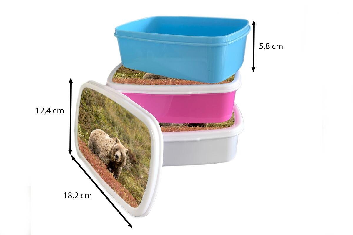 MuchoWow Lunchbox Bär - - Grizzly, Brotbox weiß für Erwachsene, und Kinder (2-tlg), Heidekraut für Kunststoff, Brotdose, Mädchen Jungs und