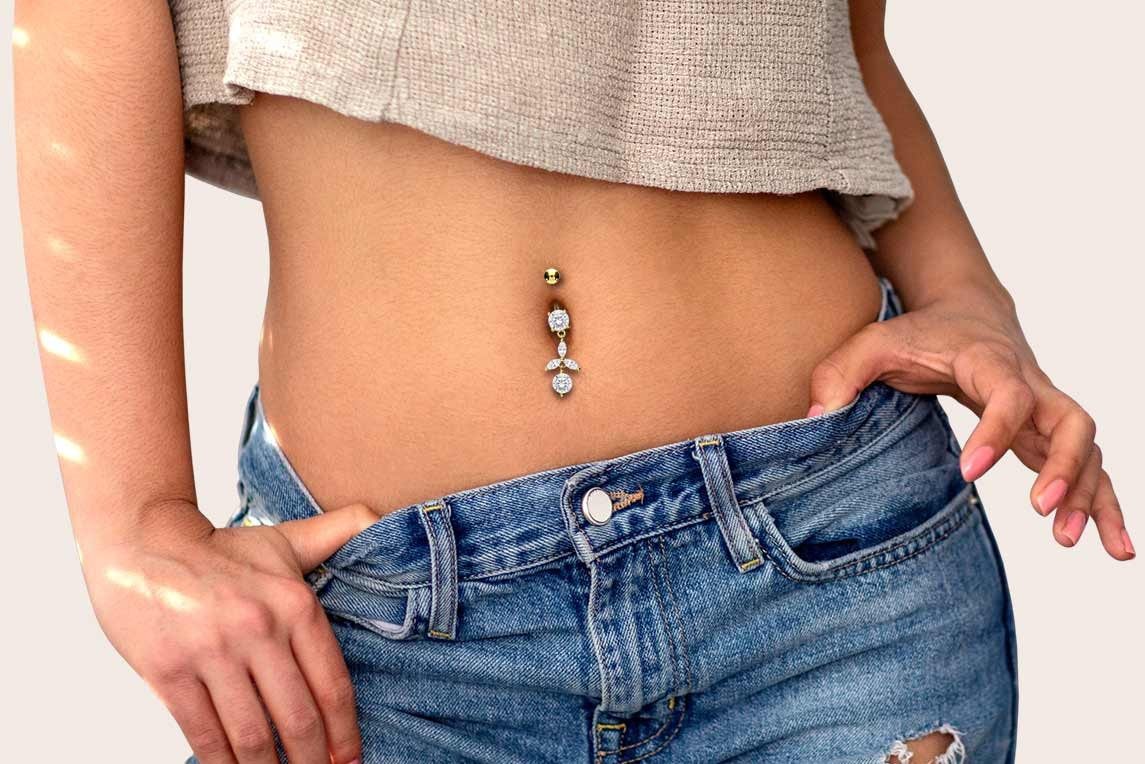 PIERCINGLINE Bauchnabelpiercing Chirurgenstahl Bananabell KRISTALLBLUME + 2 KRISTALLE (Bananabells, 1-tlg)