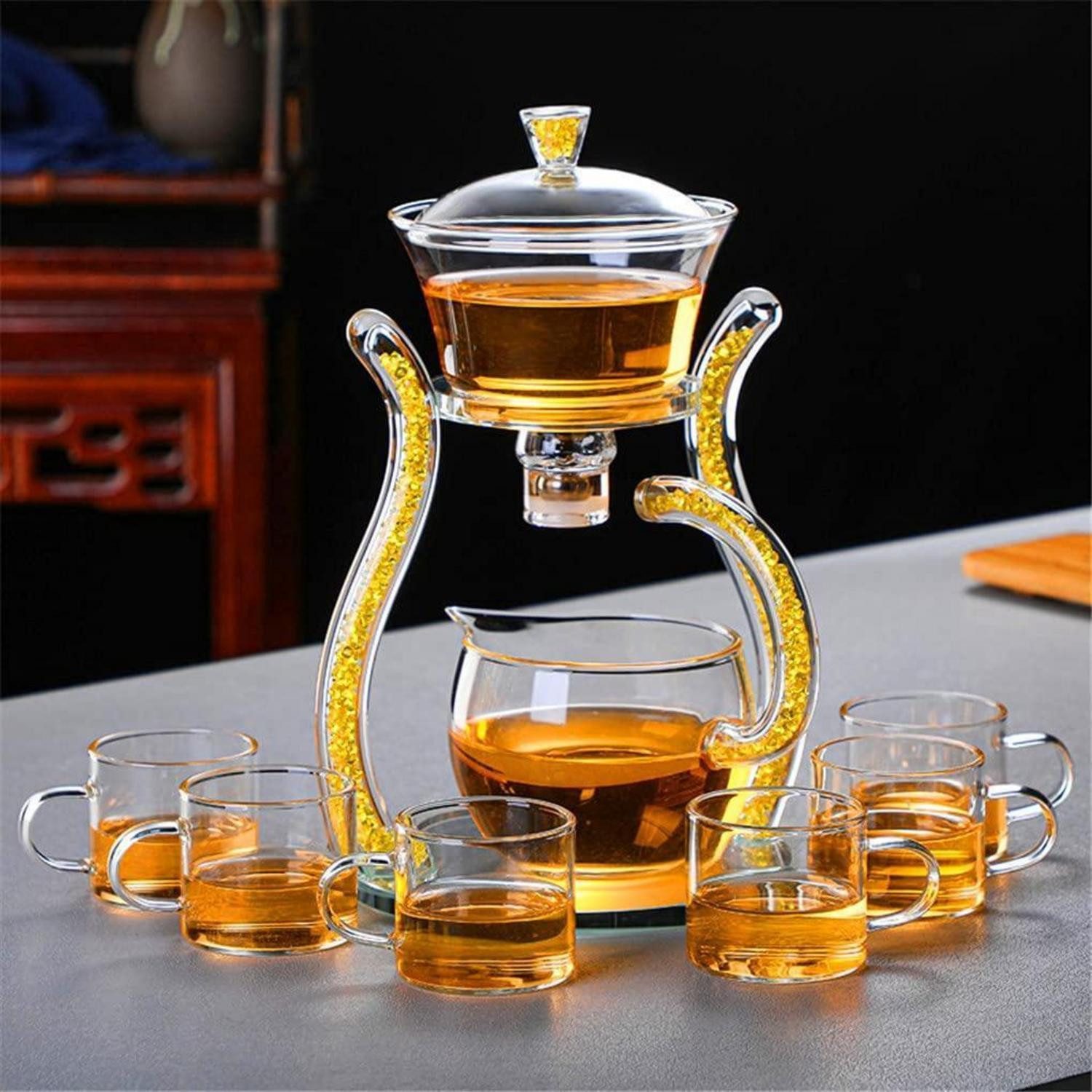 LuxusKollektion Teeservice Glas Teekanne halbautomatisch mit Drehdeckel Gold, Glas