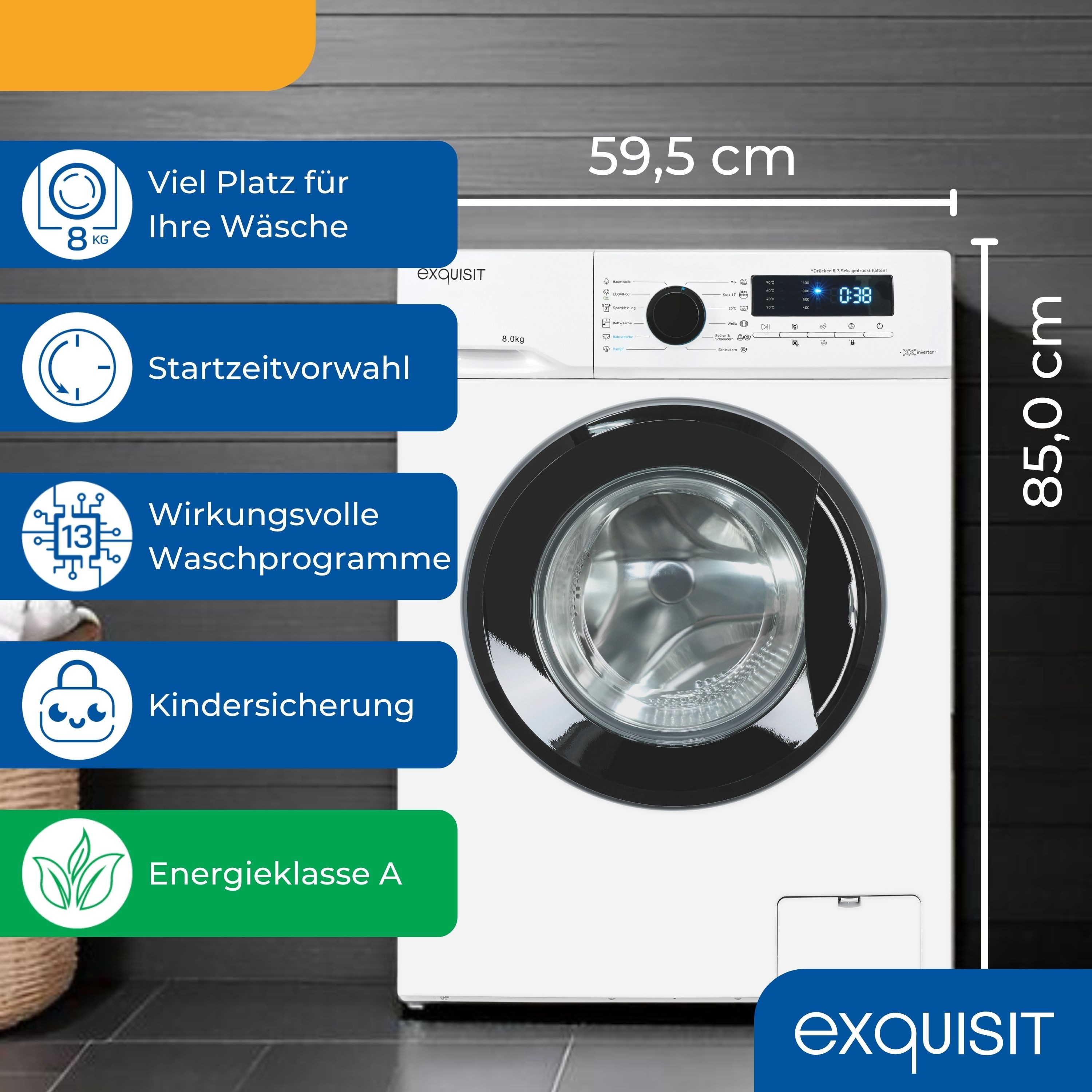exquisit Waschmaschine WA58014-020A, 8 kg, 1400 U/min, 8kg, EEK: A, 13 Programme, 1400 U/Min, ECO, Aquastop – Bild 3 von 5