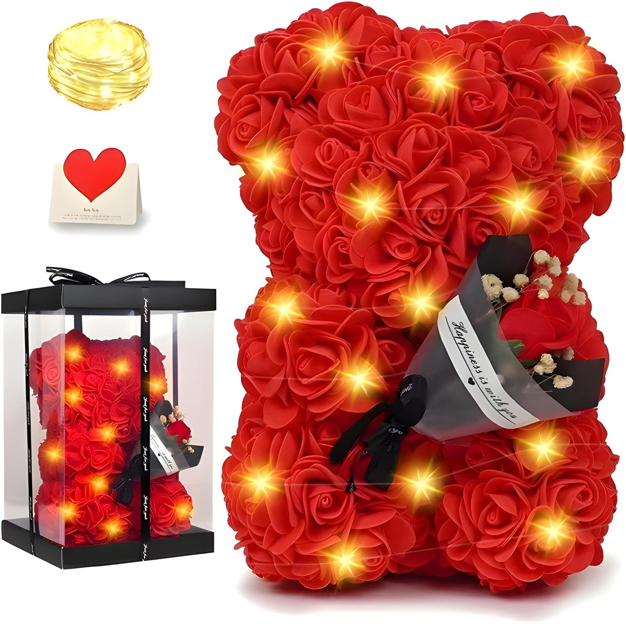 Kunstblume Rosenbär inkl. Geschenkbox & Lichterkette günstig online kaufen