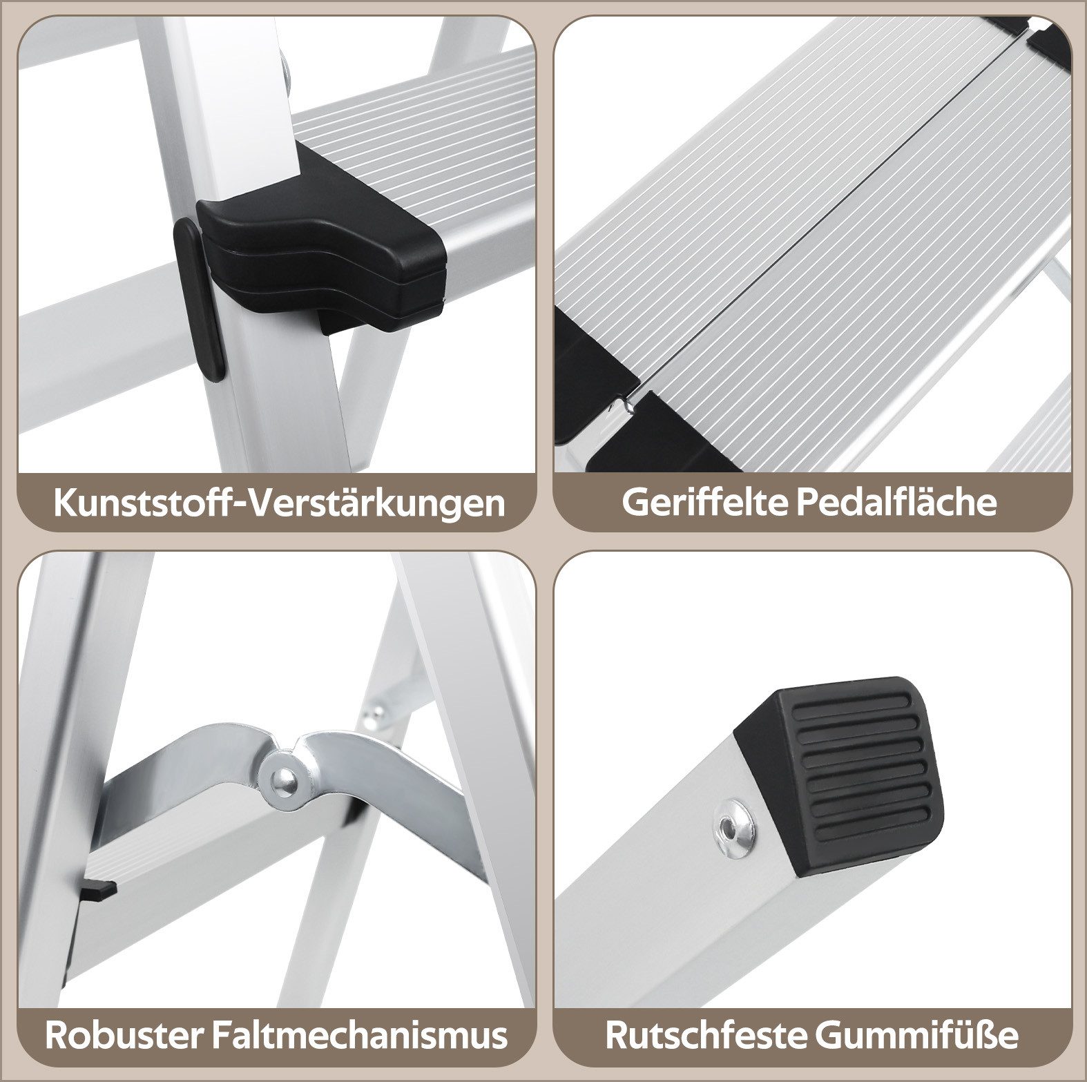kisidus Trittleiter mit 3 Stufen/ 2 Stufen, Alu Klapptritt, Haushaltsleiter bis 150 kg, (Stehleiter beidseitig begehbar, Zweiseitige Aluleiter, Stufenstehleiter), Mehrzweckleiter
