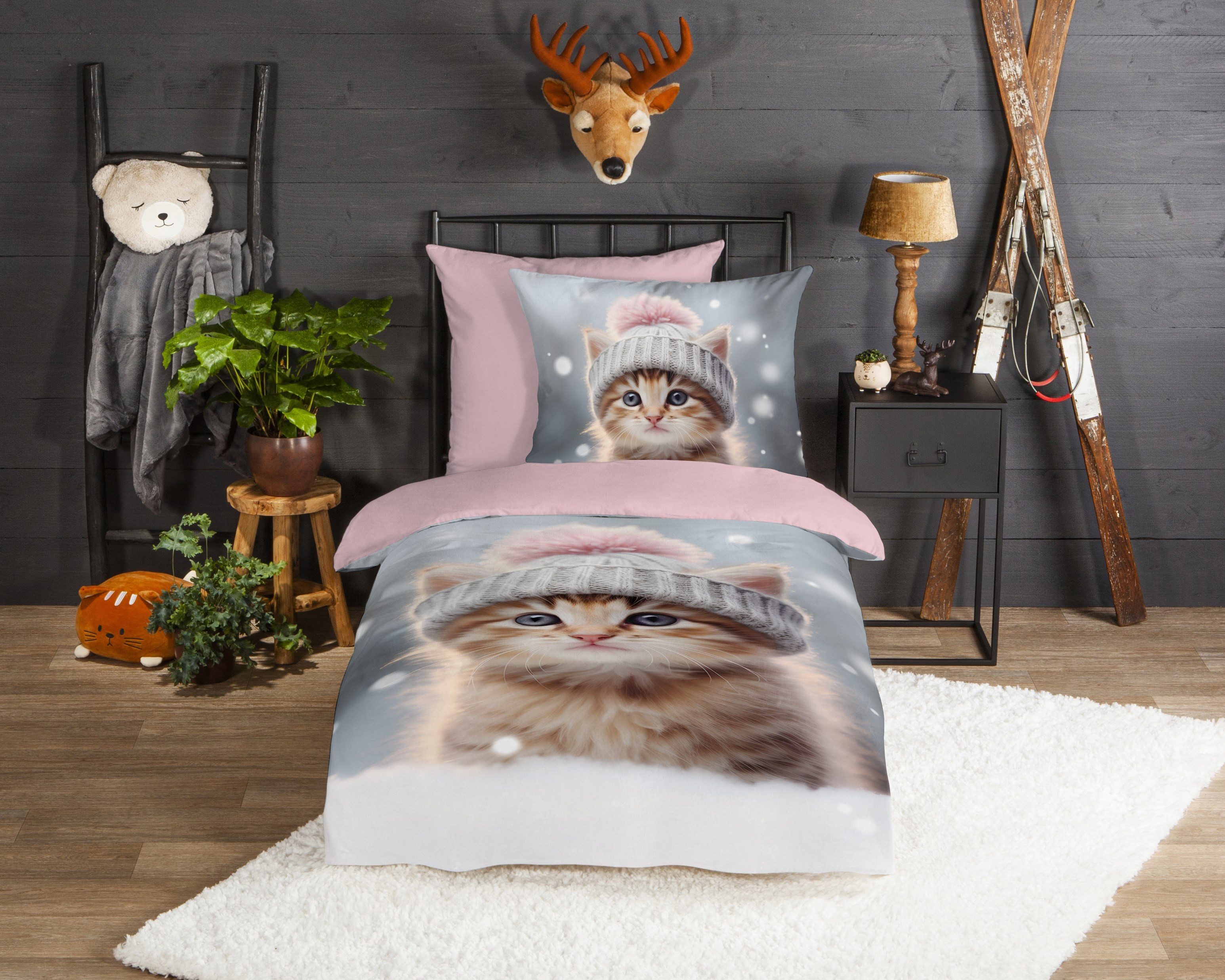 good morning Kinderbettwäsche Patt, Biber, Flanell, 2 teilig, Flanell, Biber, 135x200, Warm, Wende, Kind, Mädchen, Katze, Rosa, Grau