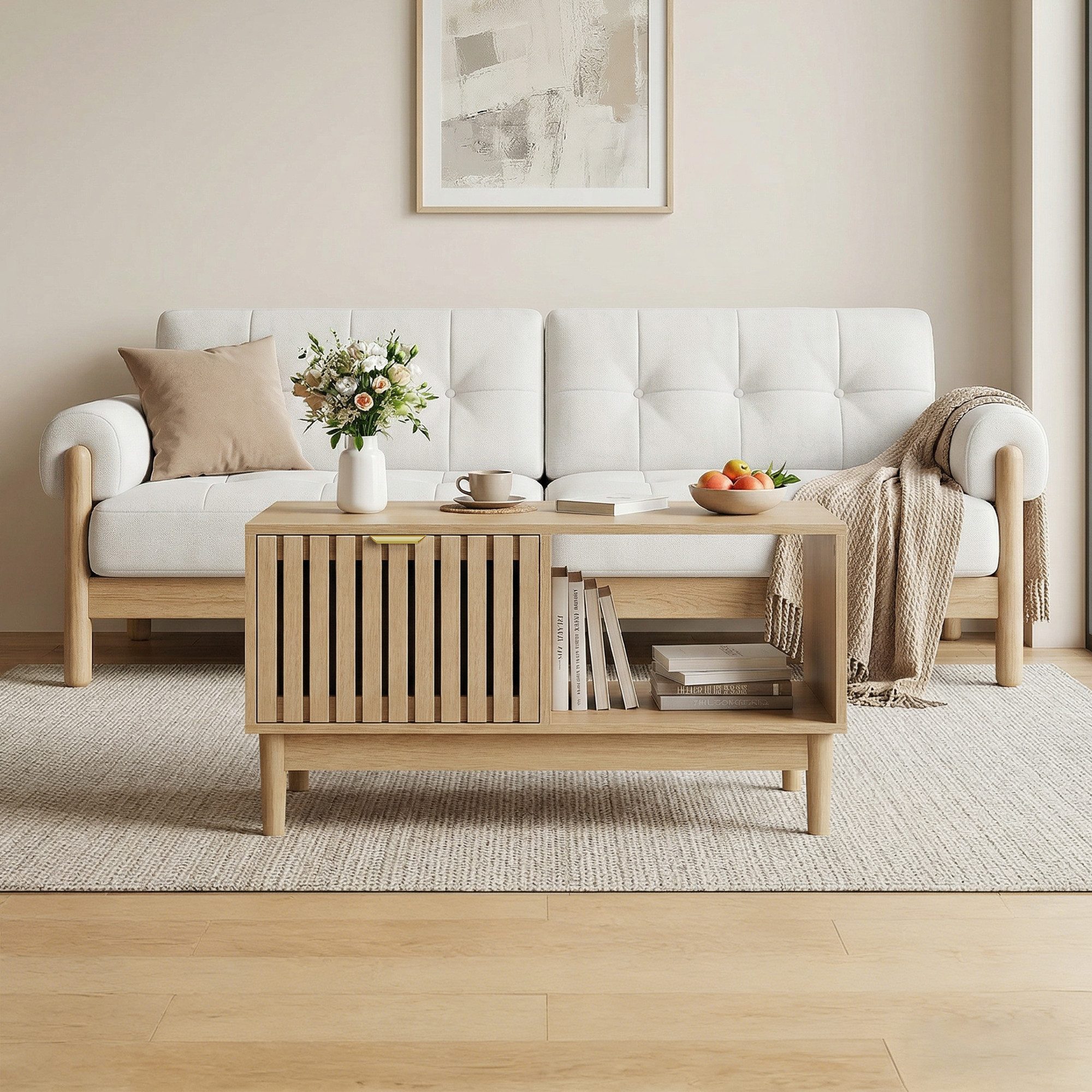 MODFU Couchtisch mit Gitterstruktur (Mid-Century-Mitteltisch mit Schublade, offenen Regalen und Massivholzbeinen in Eichenfarbe, 1-St., 80*50*45cm)