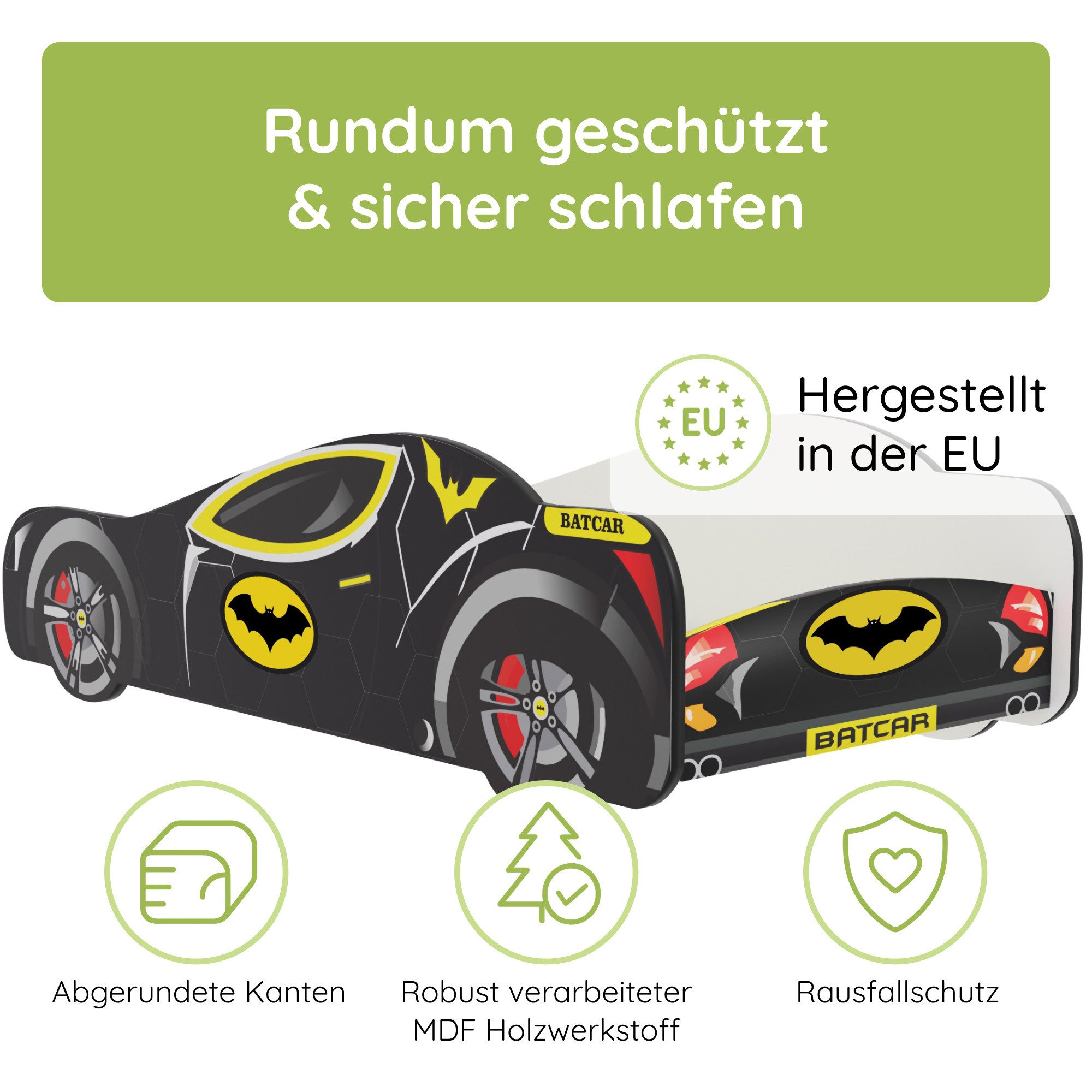 Kids Collective Car Bed 70x140 / 80x160 cm Children's Bed/Youth Bed with Fall Protection (Batman Batmobile Bat Car Play Bed, Batman Batmobile Bat Car Play Bed), Children's Bed 70x140 cm with Slatted Base - for children from 2 years old