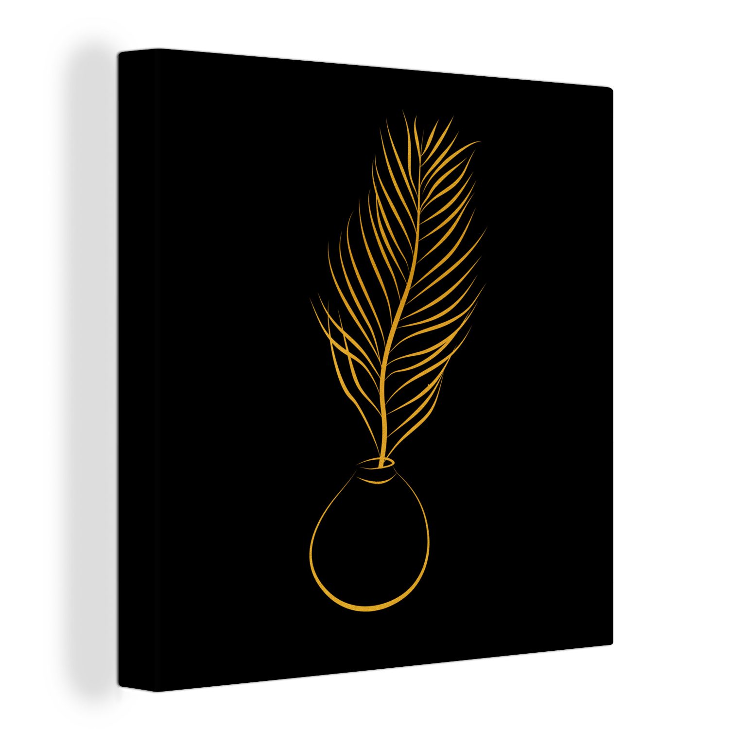 OneMillionCanvasses® Leinwandbild Pflanze - Gold - Schwarz - Strichzeichnung, (1 St), Leinwand Bilder für Wohnzimmer Schlafzimmer