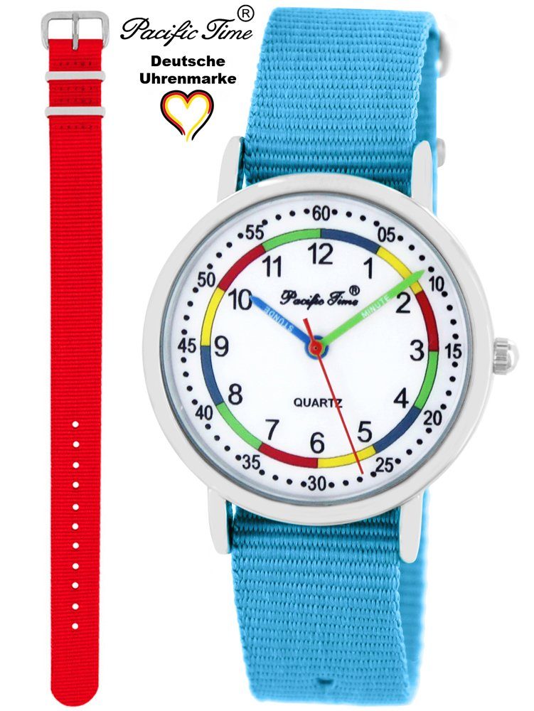 Pacific Time Quarzuhr rot Wechselarmband, Versand Gratis First Design und - Armbanduhr Kinder Set hellblau Match und Mix Lernuhr