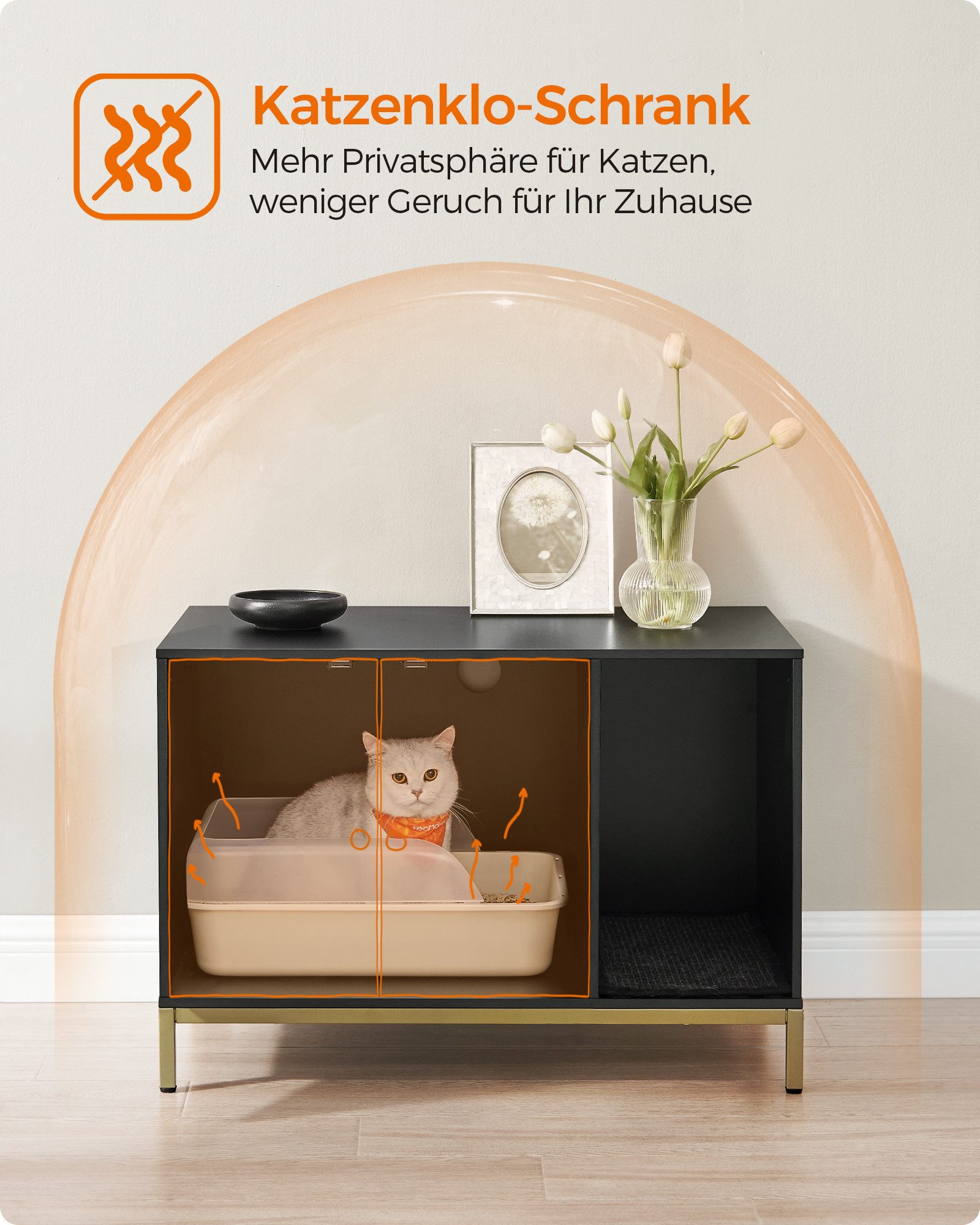 FEANDREA Katzentoilette Katzenklo-Schrank, Katzenhaus, Beistelltisch, 80 x 50 x 55 cm, mit Kratzmatte, hohe Beine, für Katzen, schwarz-goldfarben