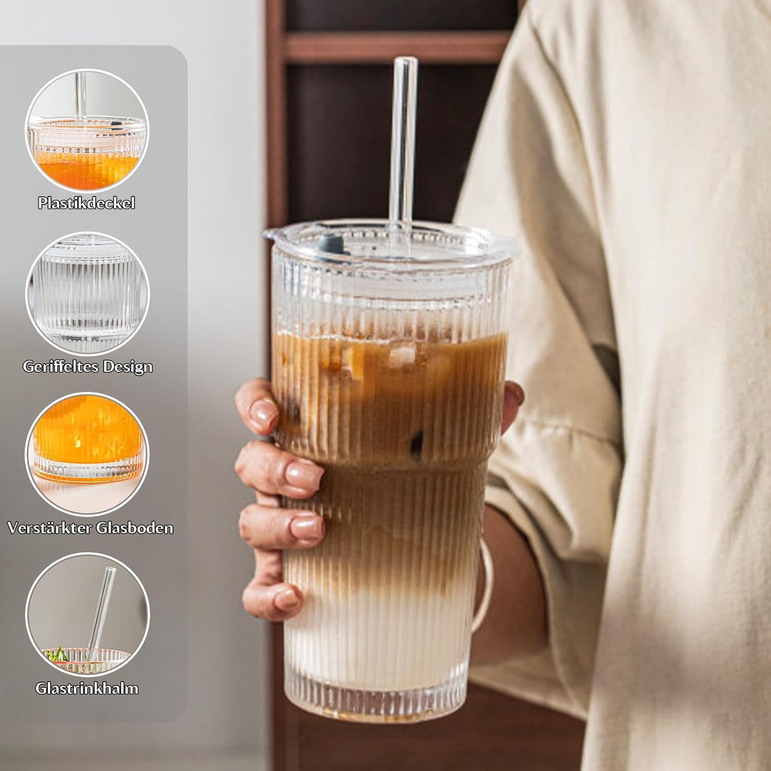 FANNOU Gläser-Set Gerippte Glasbecher mit Deckel und Strohhalm, 2-tlg., luftdichtes und wasserdichtes Design, ideal als Kaffee