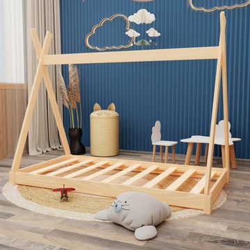 HAGO Kinderbett Montessori Kinderbett 200x90cm natur Tipi Spielbett Zeltform Holz