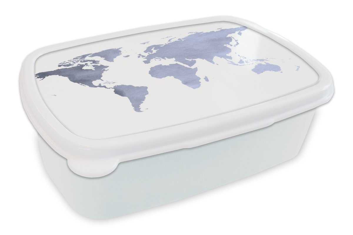 MuchoWow Lunchbox Weltkarte - Blau - Grau, Kunststoff, (2-tlg), Brotbox für Kinder und Erwachsene, Brotdose, für Jungs und Mädchen weiß