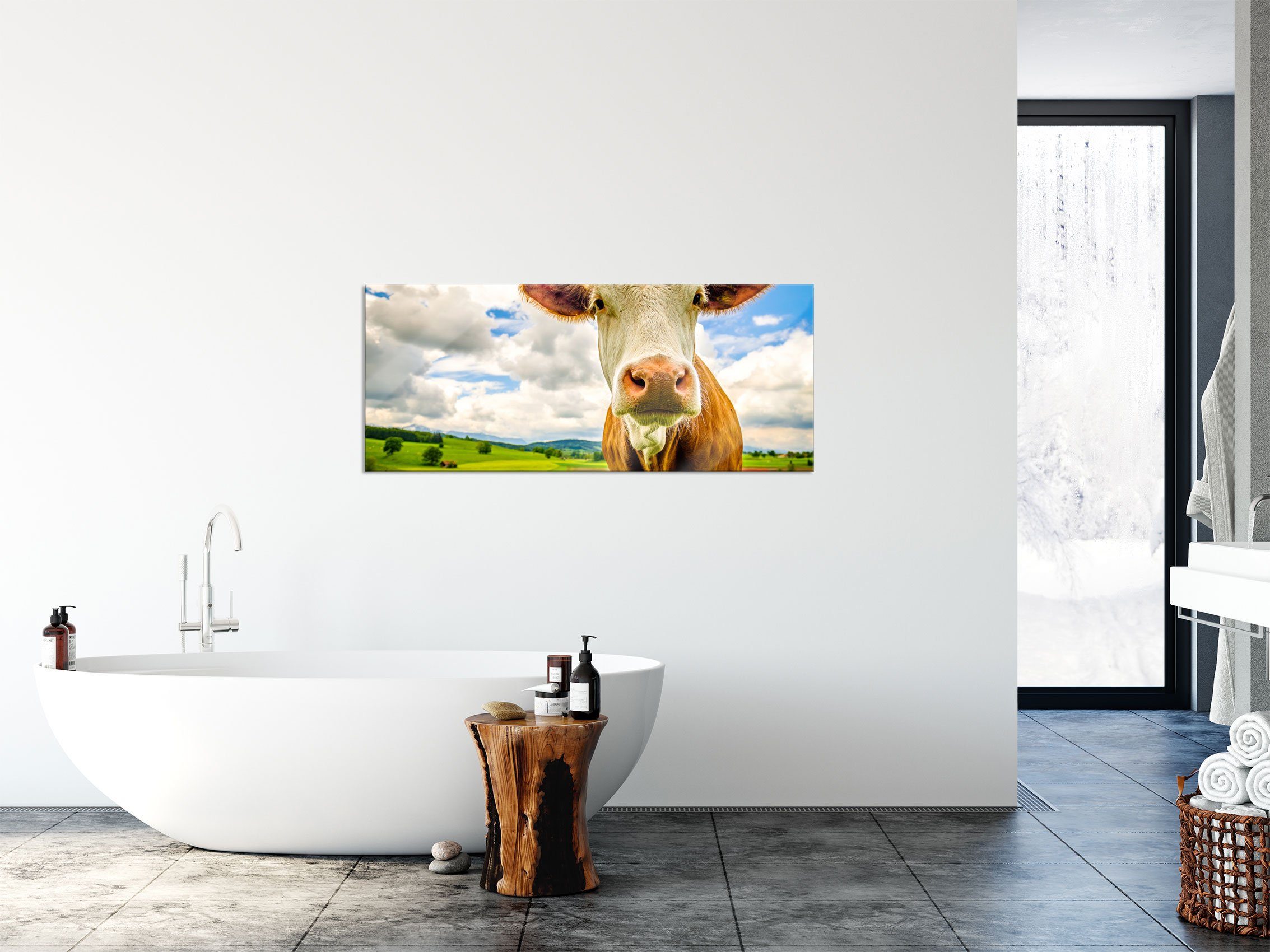 auf Abstandshalter und (1 Kuh Echtglas, grüner Nahaufnahme St), Weide, aus Glasbild grüner Nahaufnahme Kuh auf Aufhängungen inkl. Pixxprint Weide Glasbild