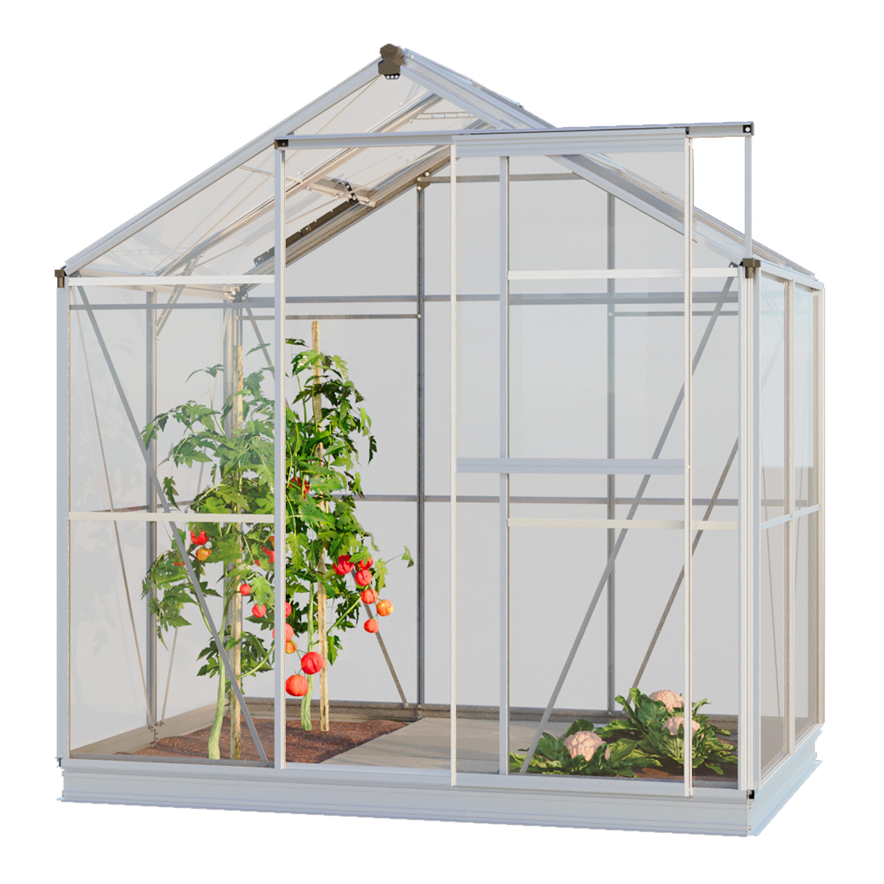 GFP Gewächshaus Opal 2 Glasgewächshaus mit Aluminium-Rahmen 192 x 131 x 192 cm, 4 mm Wandstärke, inkl. Fundamentrahmen und automatischem Fensteröffner