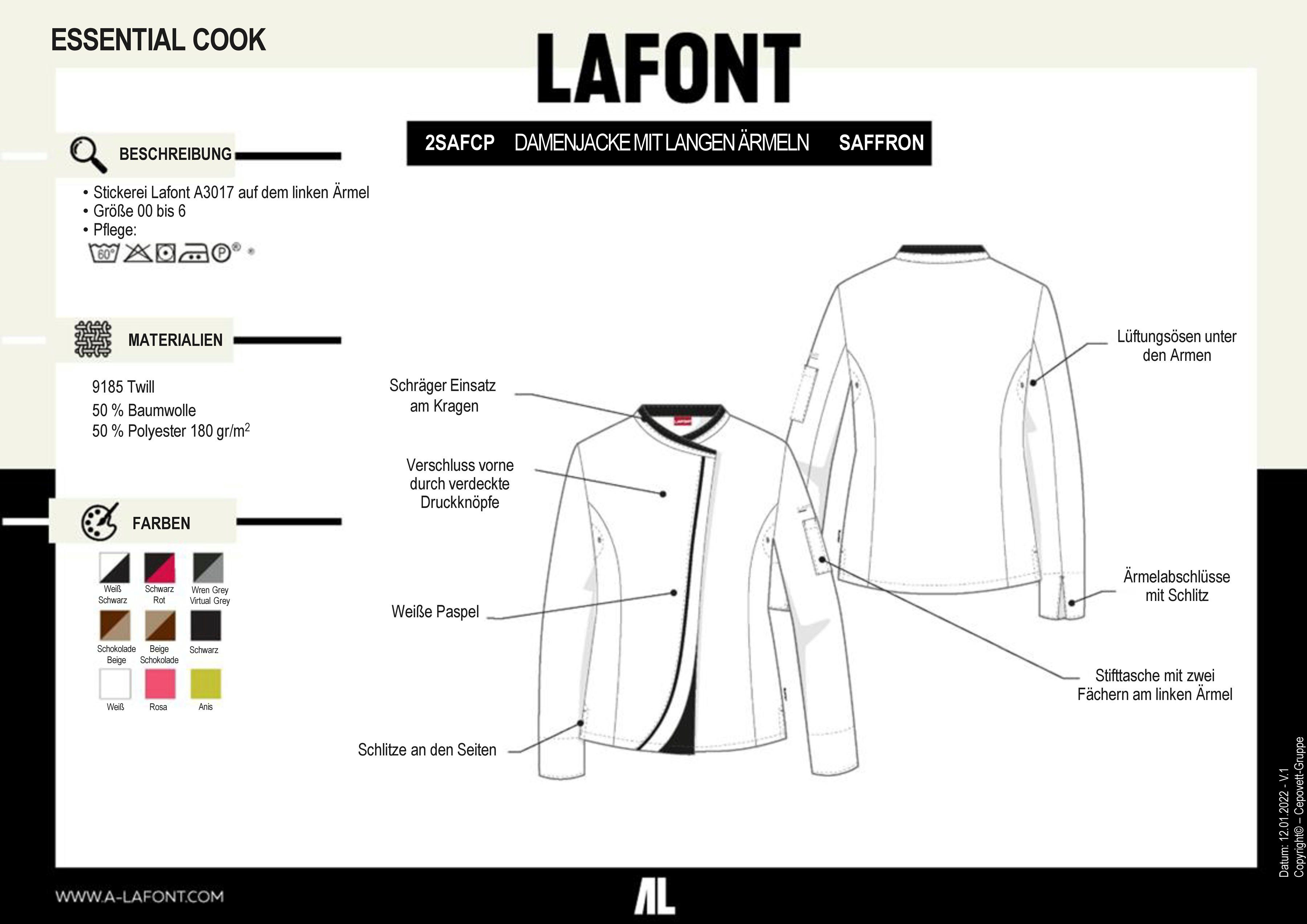 Damen / verdeckten Druckknöpfen WEISS SCHWARZ mit Kreuzverschluss Lafont Langarm, Kochjacke "Saffron"