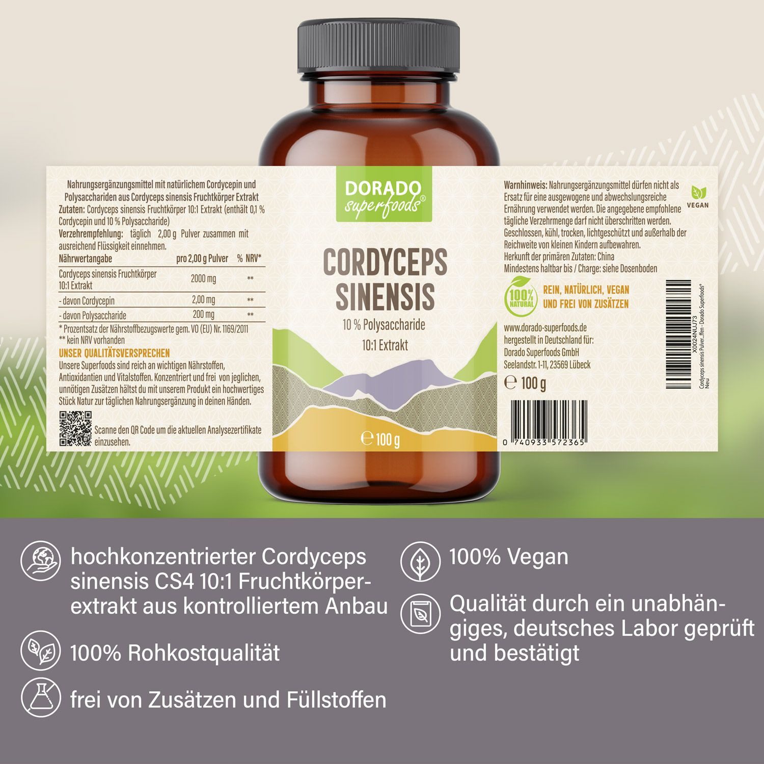 Dorado Superfoods Cordyceps sinensis Pulver - 100 g Pulver aus 10:1 Extrakt Pulver, 100 g