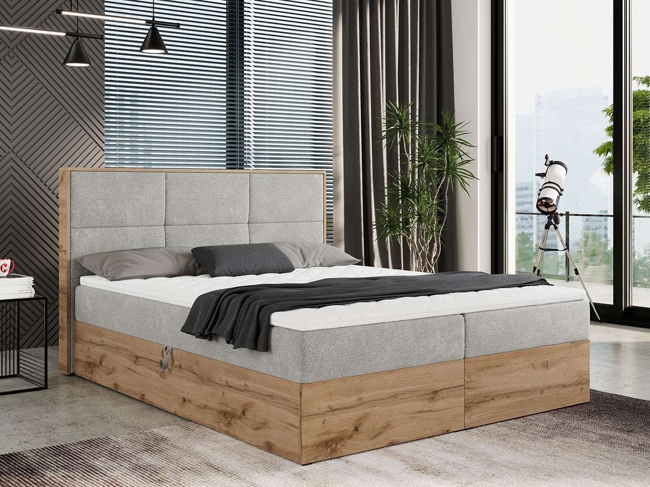 MKS MÖBEL Boxspringbett ALBERO 2, Doppelbett, mit Eiche Holzrahmen, Multipocket-Matratze, mit Kopfstütze