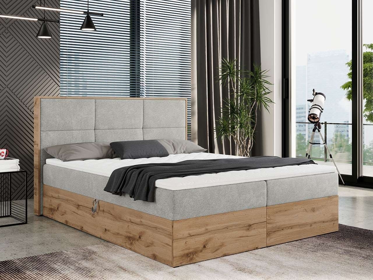 MKS MÖBEL Boxspringbett ALBERO 2, Doppelbett, mit Eiche Holzrahmen, MultipocketMatratze, mit