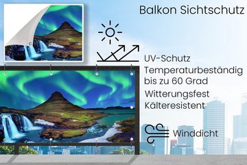 MuchoWow Balkonsichtschutz Nordlicht - Sternenhimmel - Island - Berg - Grün - Wasserfall - See (1-St) Balkonbanner, Sichtschutz für den Balkon, Robustes und wetterfest