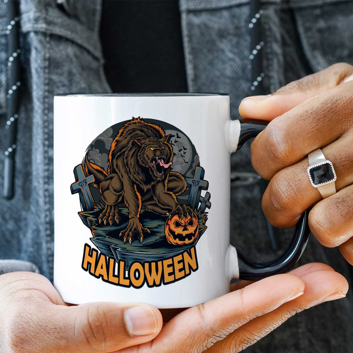 mit Geschenke Weiß - Halloween Motiv Schaurige - Schwarz Tasse GRAVURZEILE zu Design Werwolf