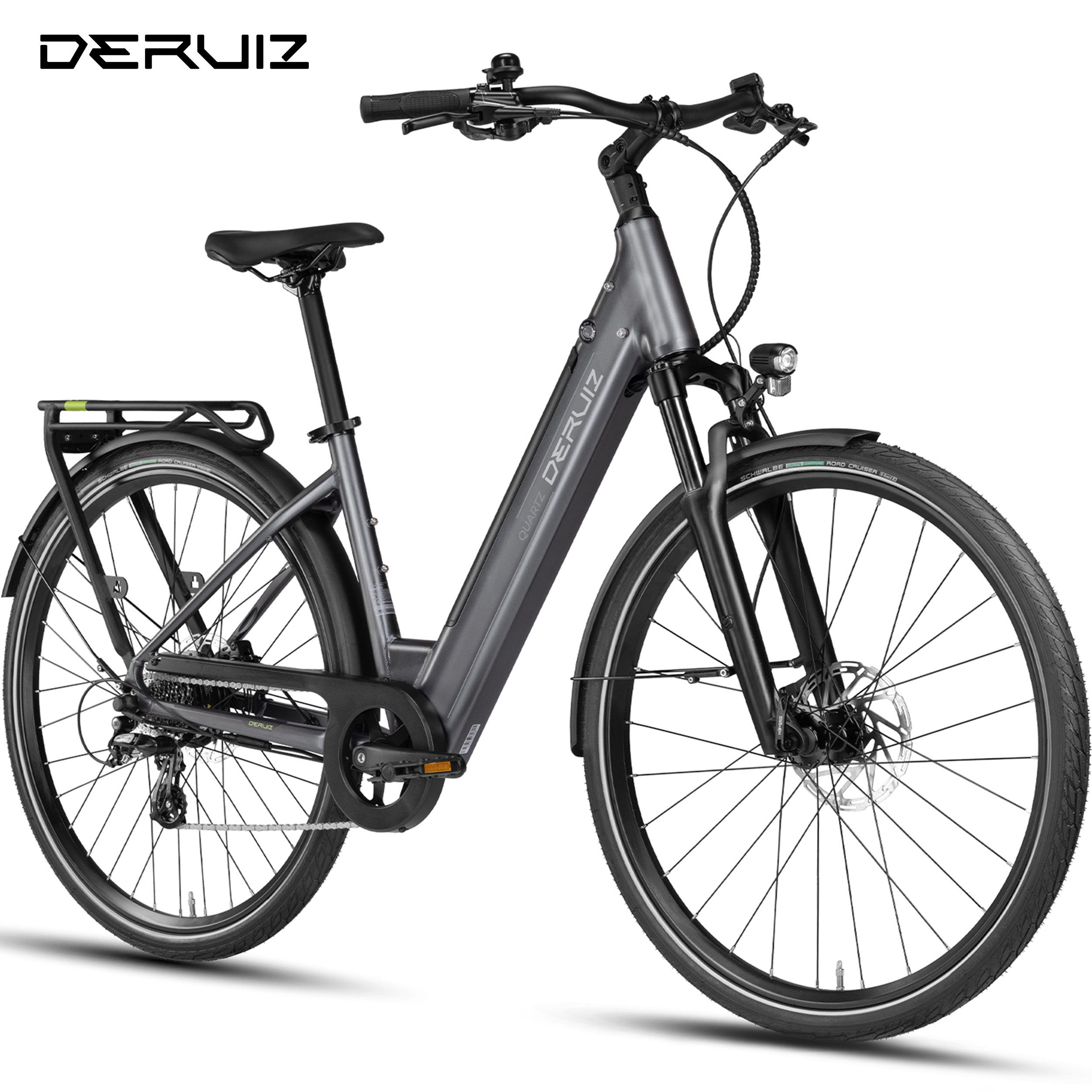DERUIZ E-Bike Cityrad 28 Zoll, Quartz/SUV, 160 km, Drehmomentsensor, Bluetooth & APP, 8 Gang SHIMANO Altus RD-M310 Schaltwerk, Kettenschaltung, Heckmotor, 644 Wh, (Aluminium-Schutzbleche, 5 Stufen), nur 20kg, Federgabel mit Lockout, Elektrofahrrad für Damen und Herren