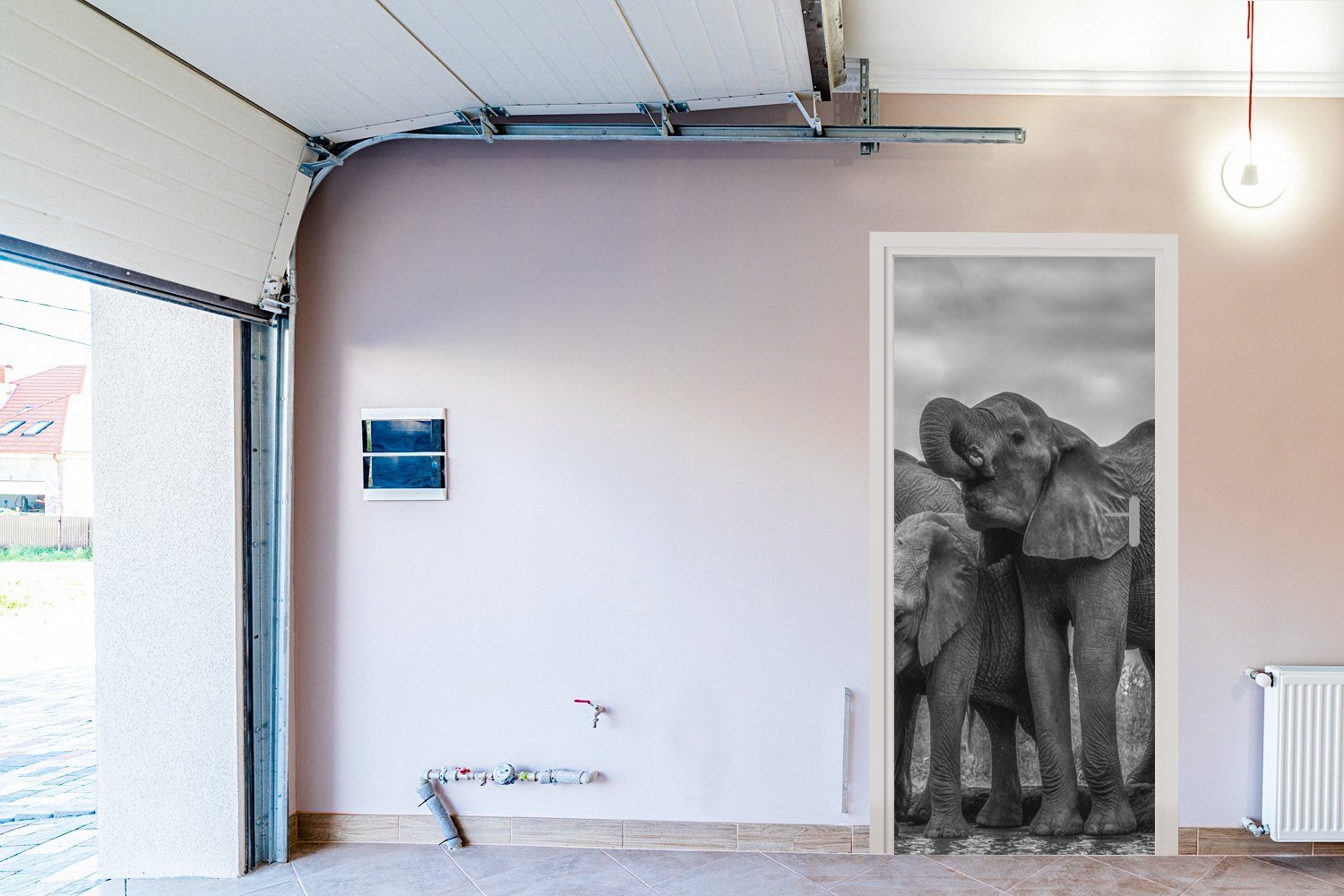 cm Wasser Türtapete Elefant Türaufkleber, MuchoWow weiß, Tiere Tür, Schwarz Fototapete - - Matt, 75x205 (1 und - für St), bedruckt,