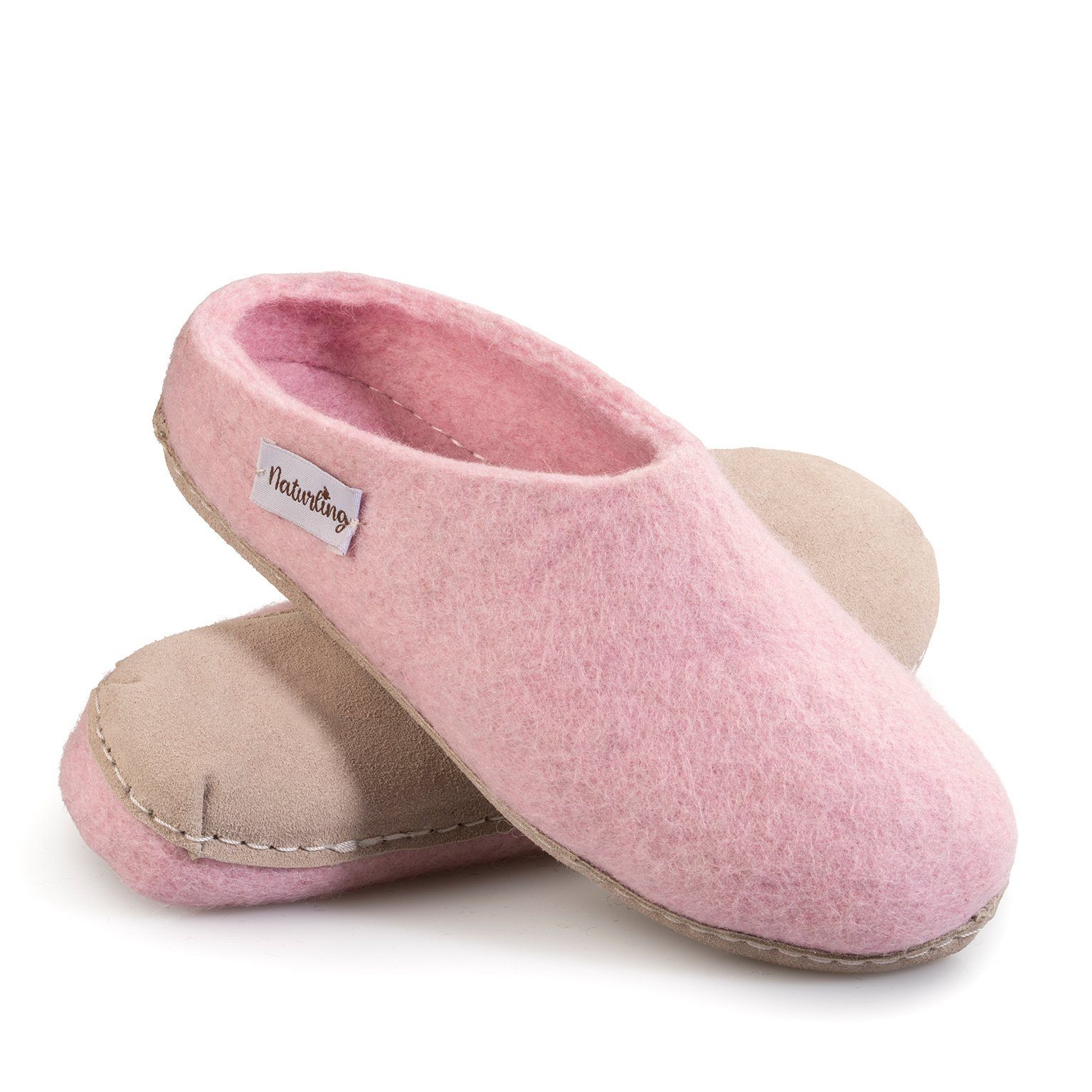 naturling Filz Damen Pantoffel Hausschuh (mit bequemer) Ledersohle Rosa