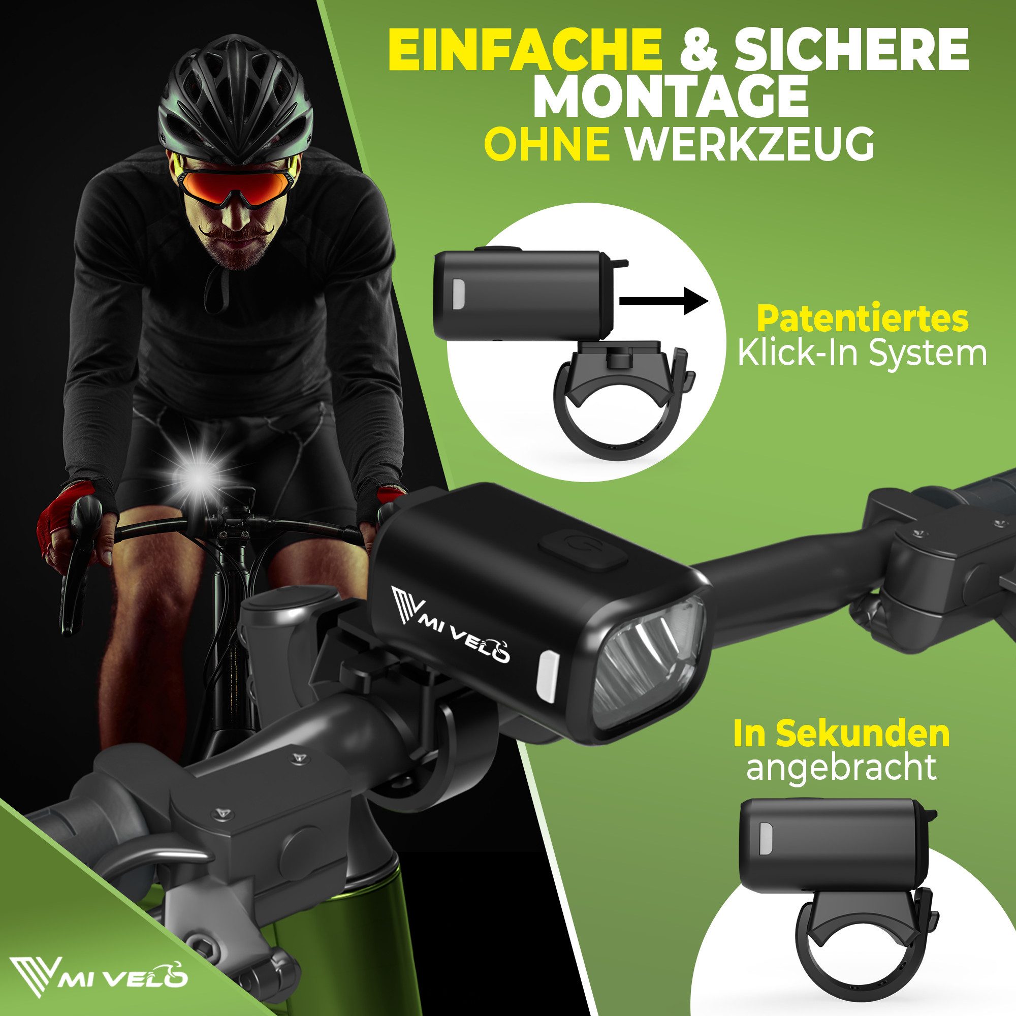MIVELO Fahrradbeleuchtung SPARK Fahrradlicht Set Akku USB aufladbar StVZO zugelassen wasserdicht, 50 Lux