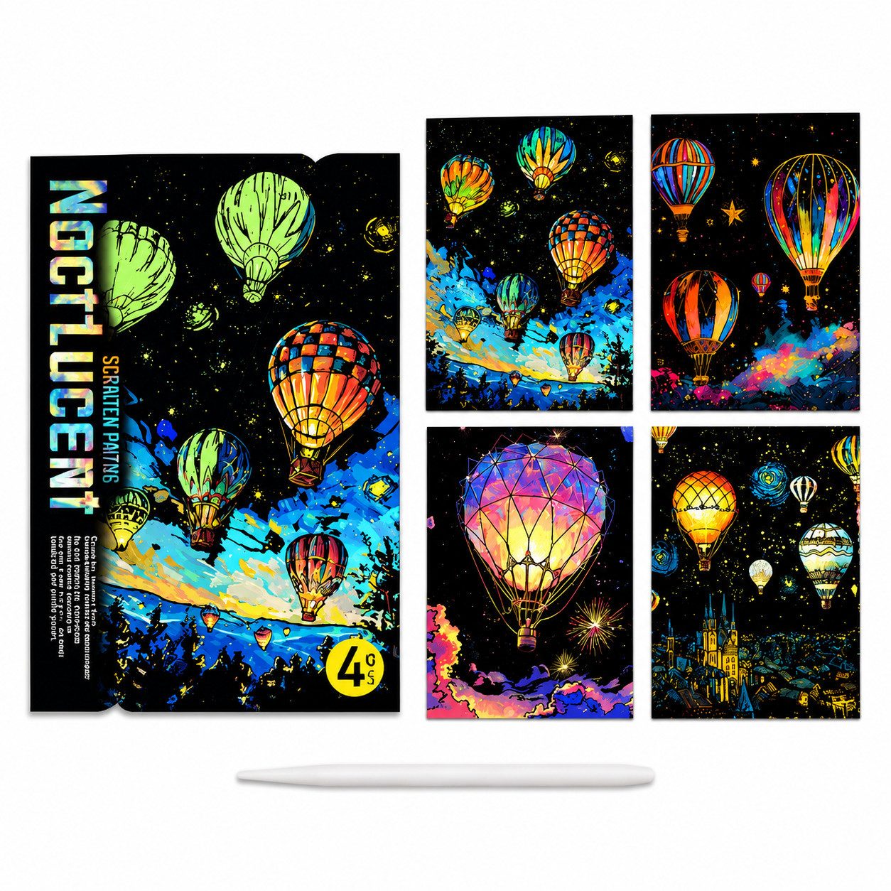XEOOCE Kreativset Kratzbilder Set, Nachleuchtende Kratzbilder, 4 Motive, mit Kratzstift, (Set, 4 Kratzbilder, 1 Kratzstift), Nachleuchtend, Kratzbilder, Fördert Konzentration